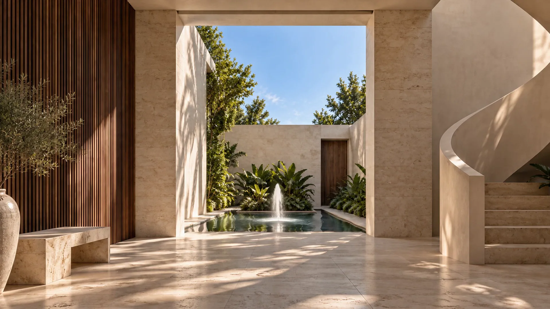 Imagined limestone courtyard with a sculptural fountain moving in the reflecting pool.