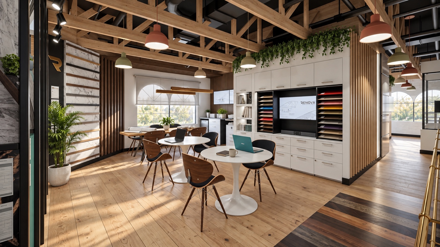 RENOVA’s Delray Beach design studio with exposed timber beams, material sample displays, greenery and round consultation tables.