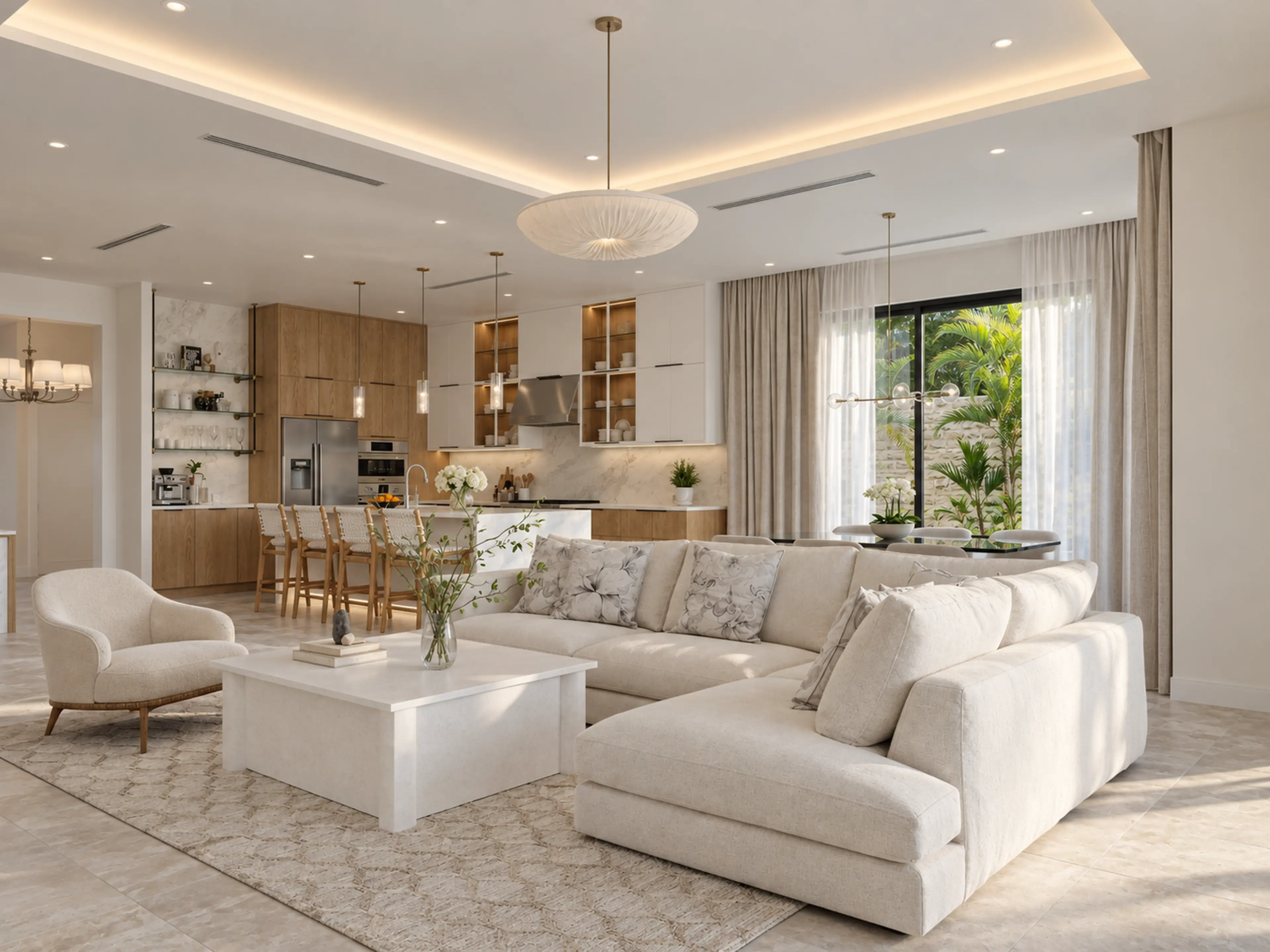 Open living room connecting kitchen, dining and coastal light.