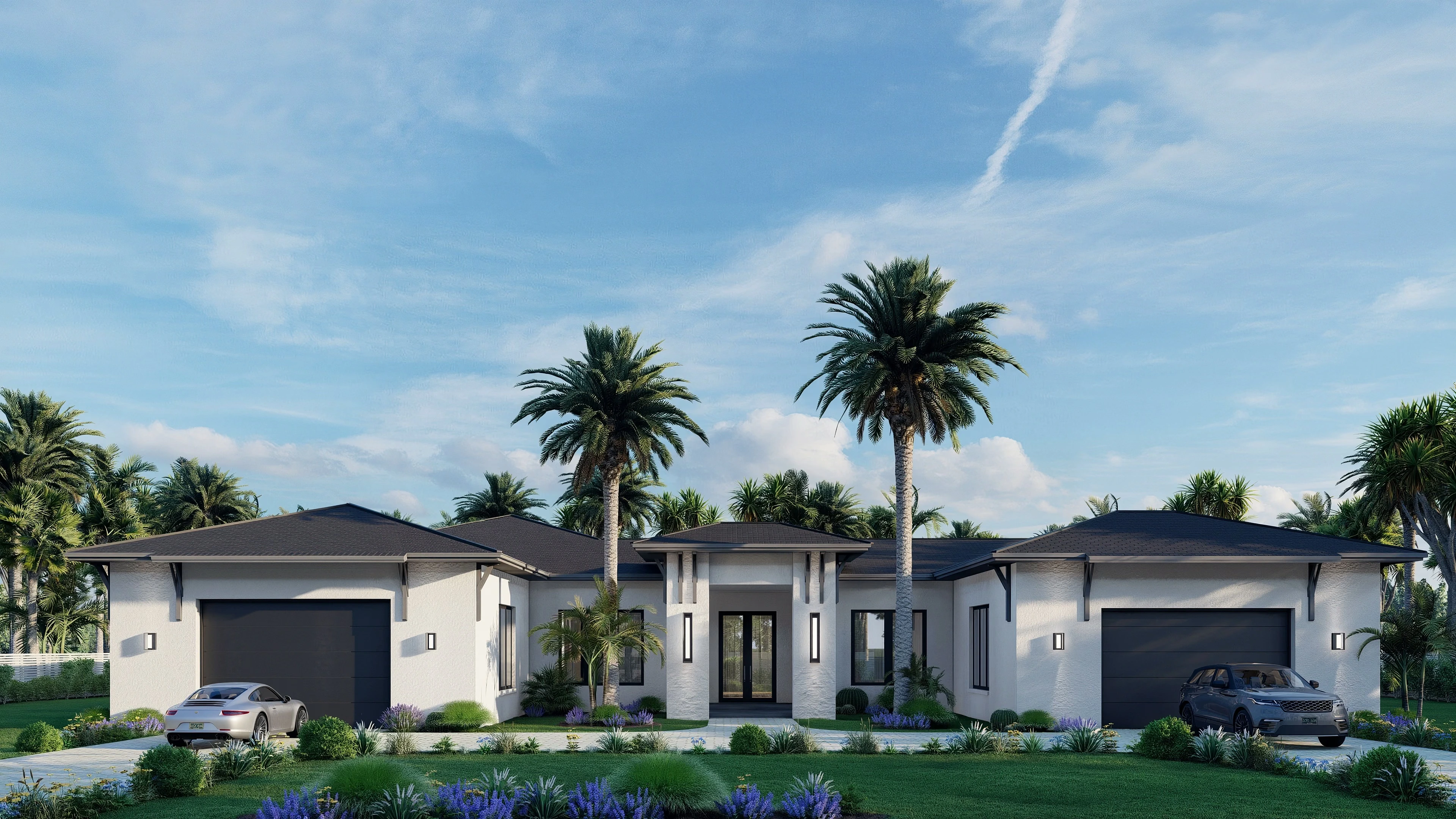 Boca Raton custom home framed by palm trees.