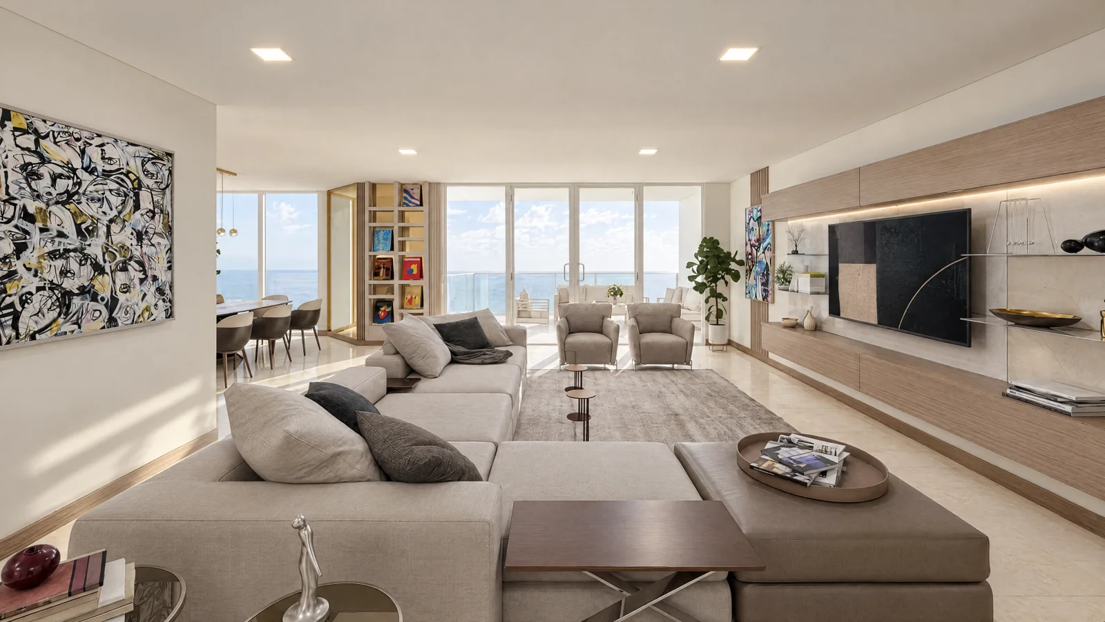 A RENOVA Palm Beach apartment with an open living room, natural stone, pale furnishings, and coastal daylight.