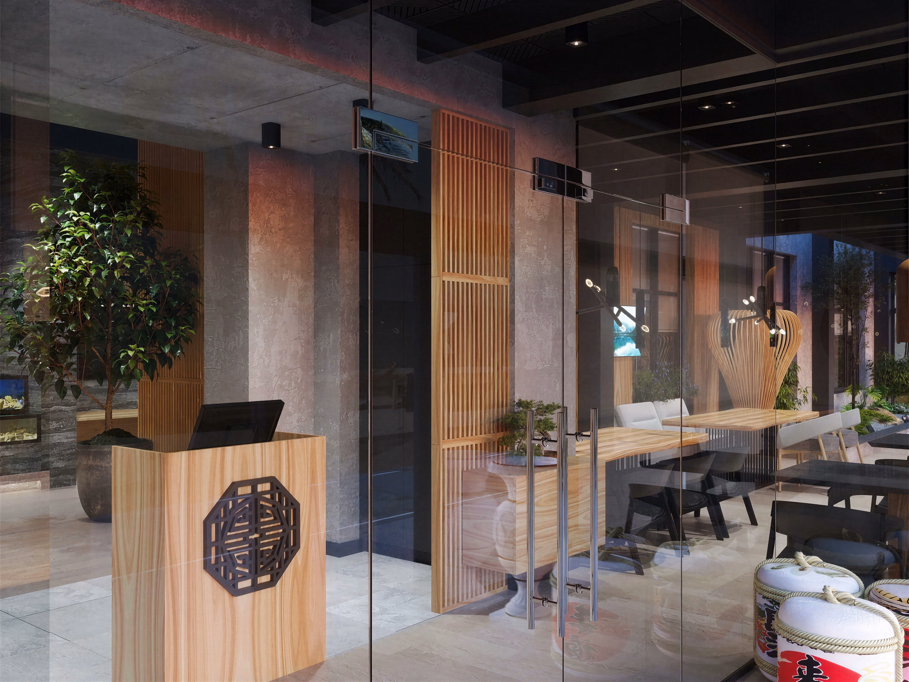 Japanese steakhouse interior with custom millwork and pendant lighting