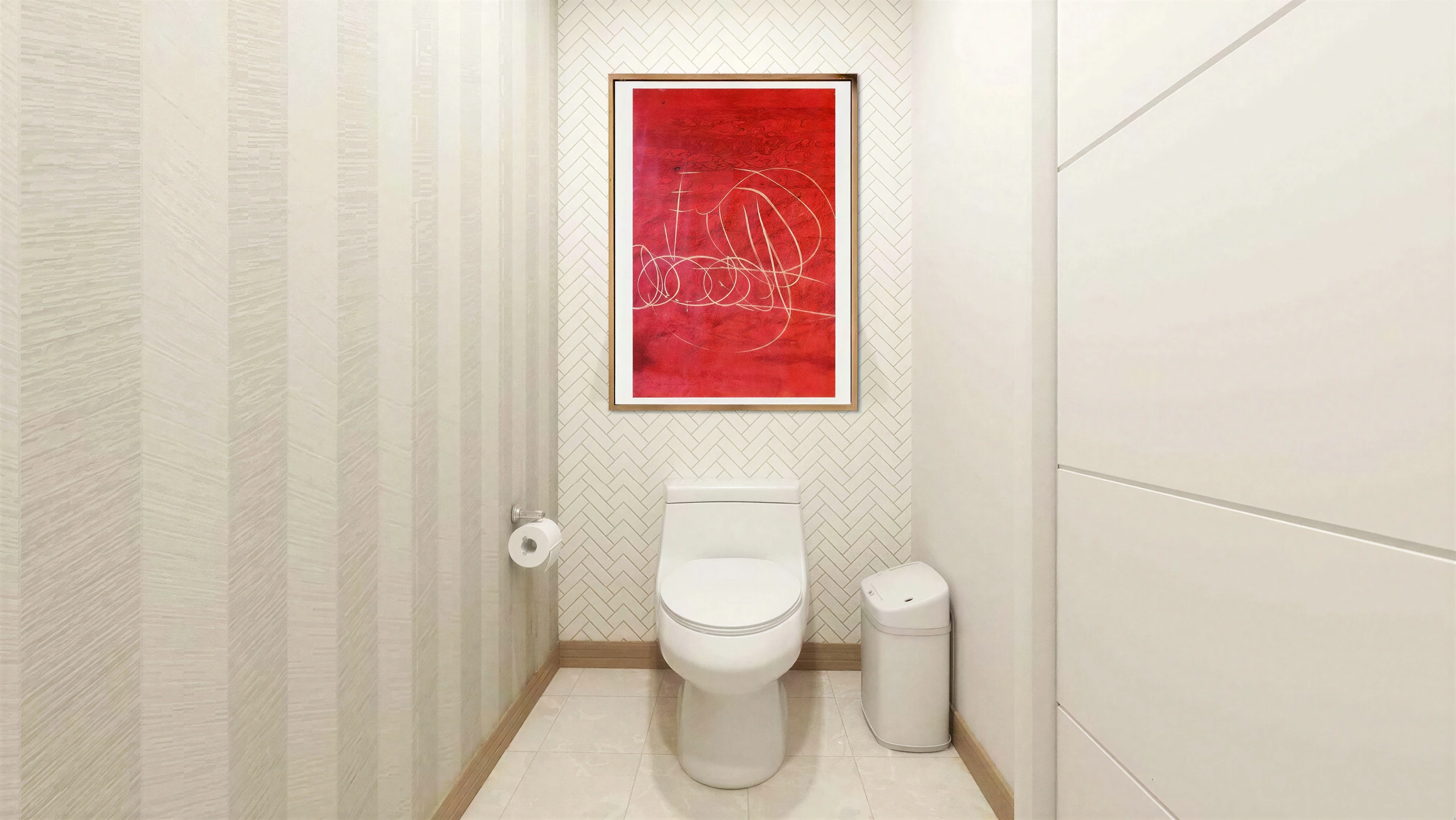 Compact toilet room with striped walls and red artwork.