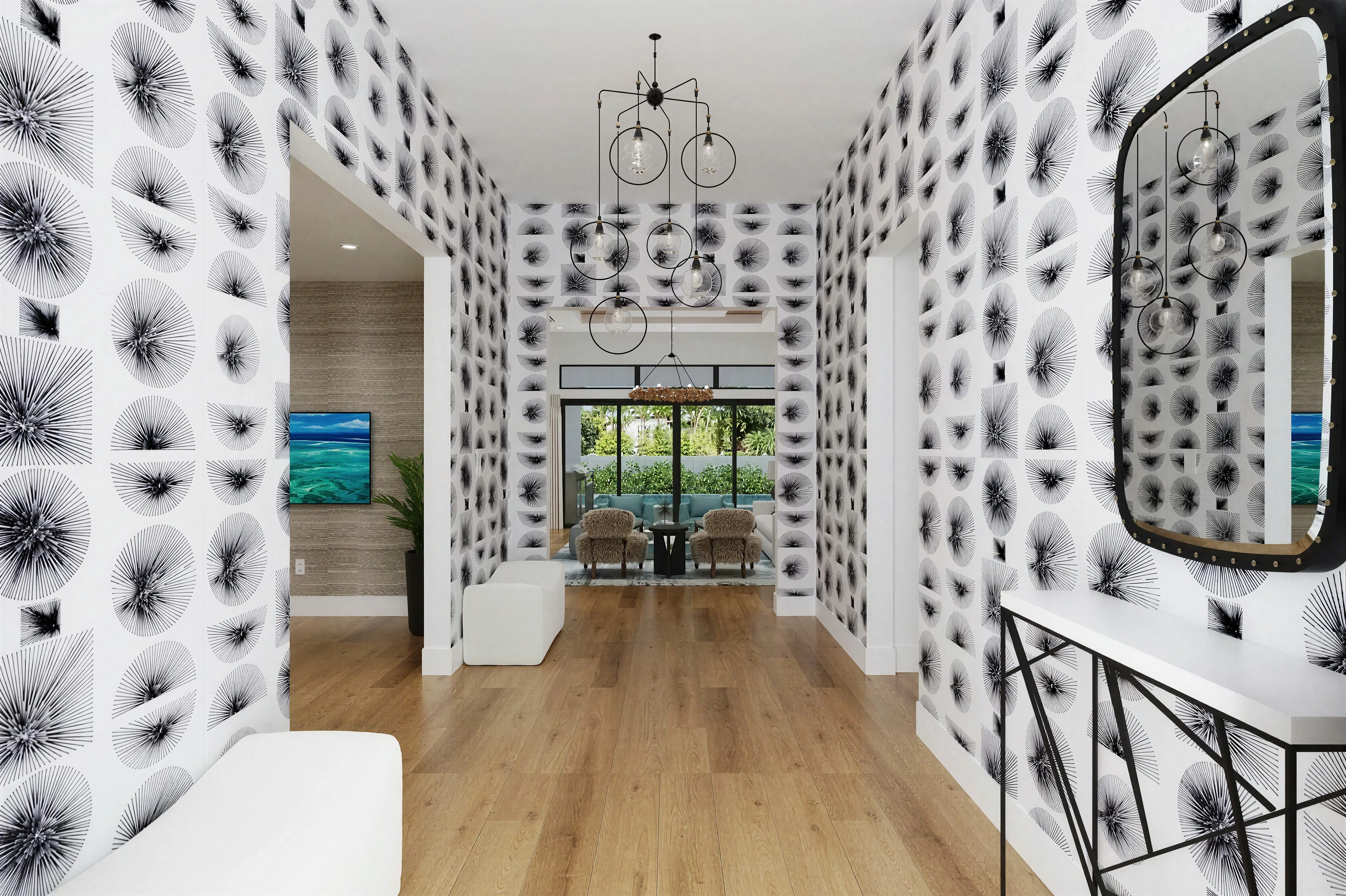 Entry hall with patterned walls and a console.