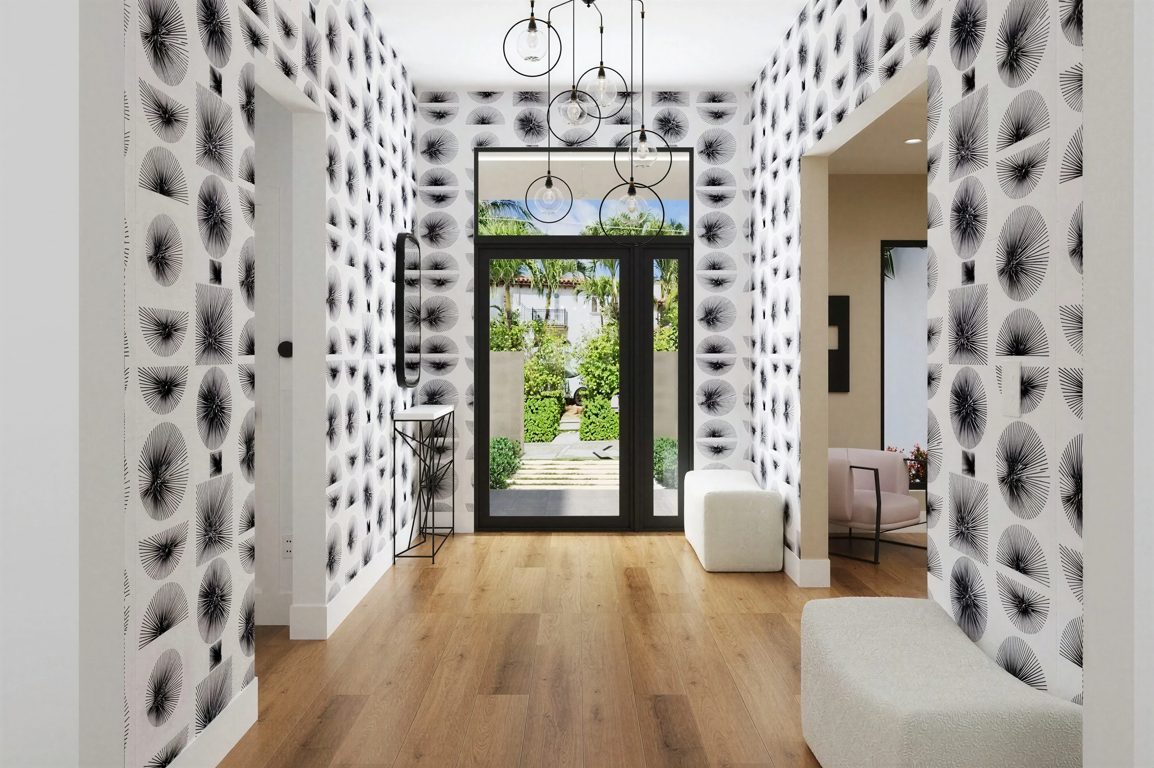 Patterned entry hall facing the glazed front door.