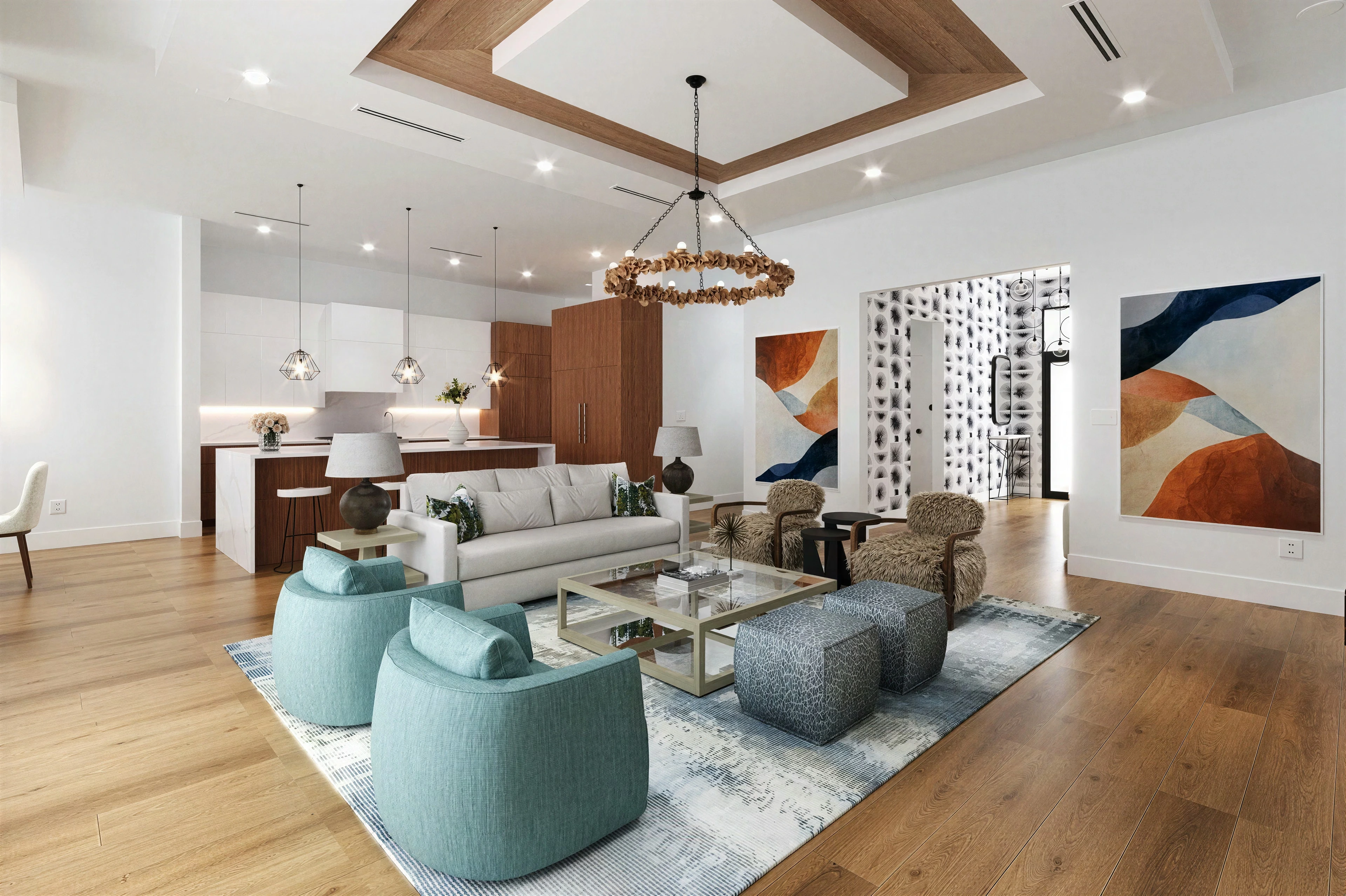 Open living and kitchen area with wood flooring.