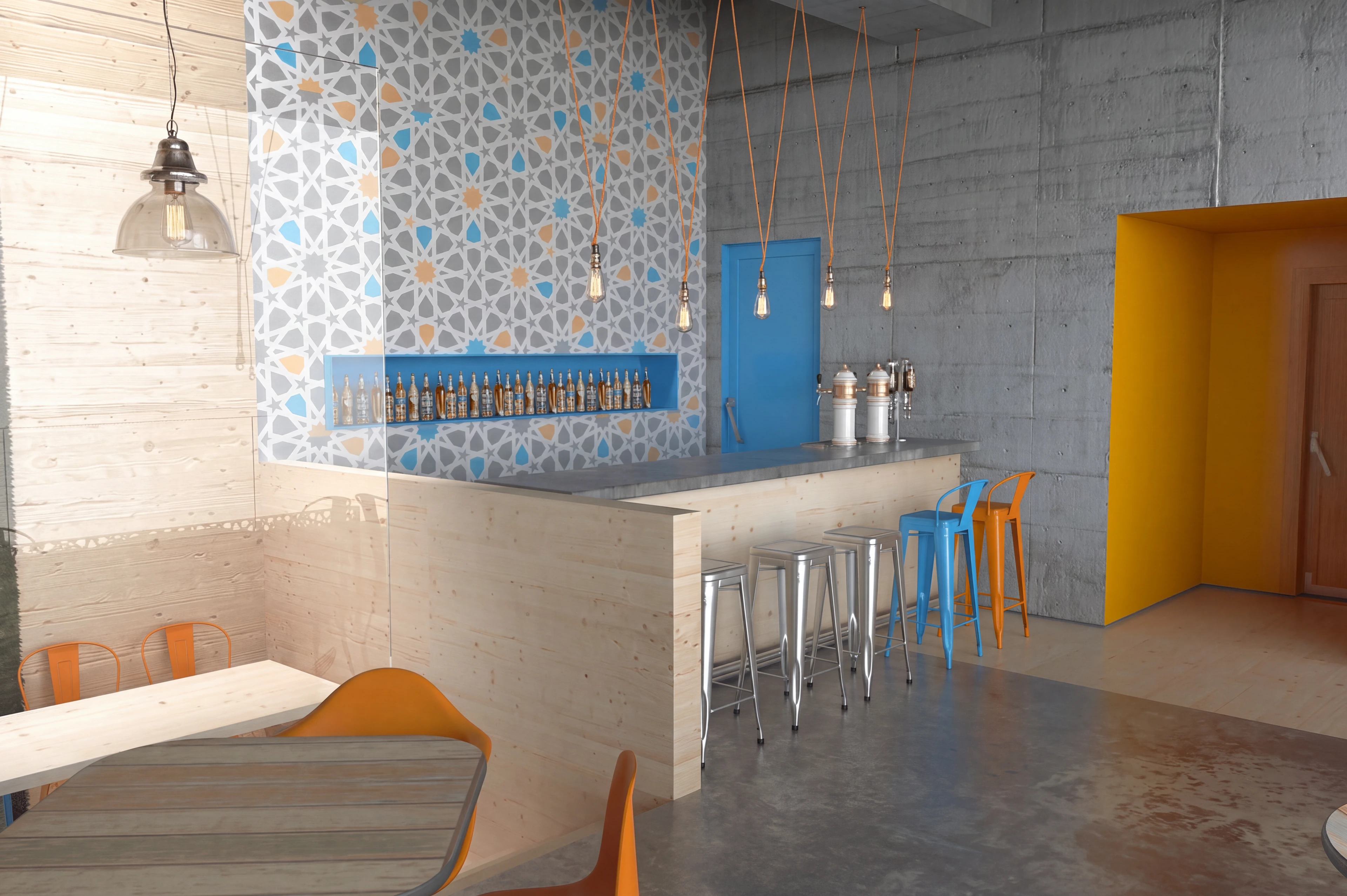 Bar corner with tall stools and a yellow doorway.