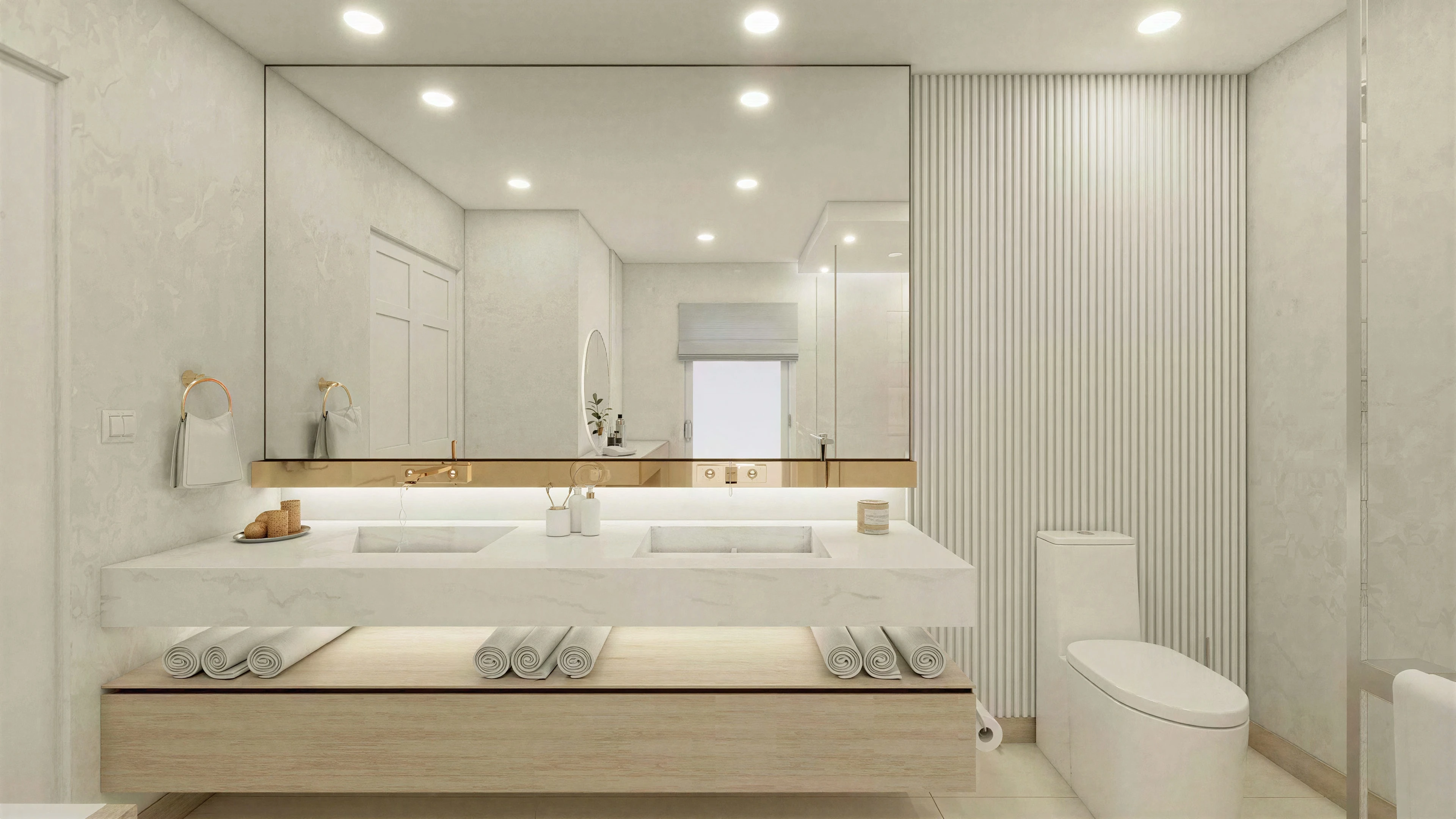 Bathroom vanity with a broad mirror and pale finishes.