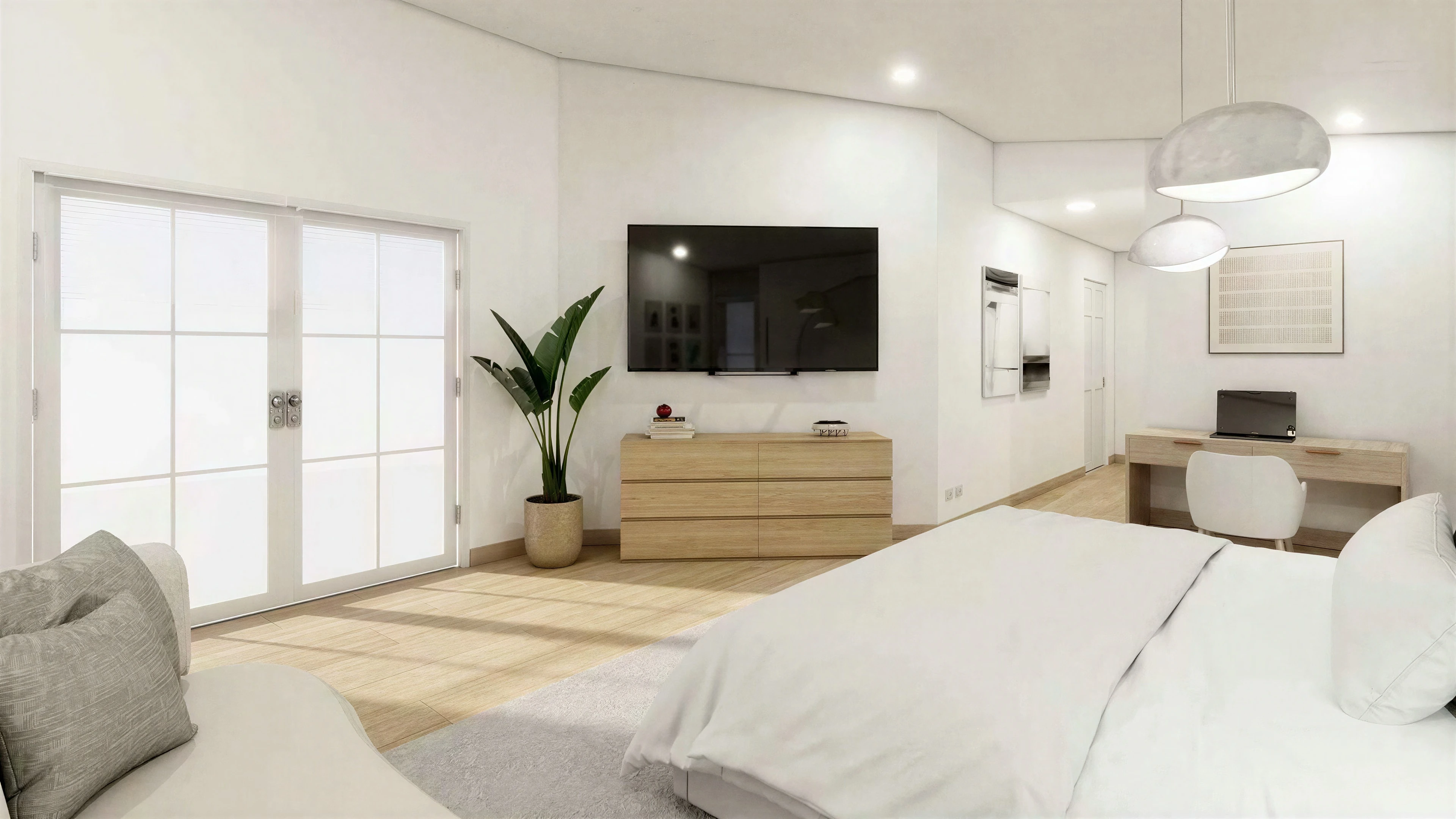 Bedroom facing a dresser, television and small work area.