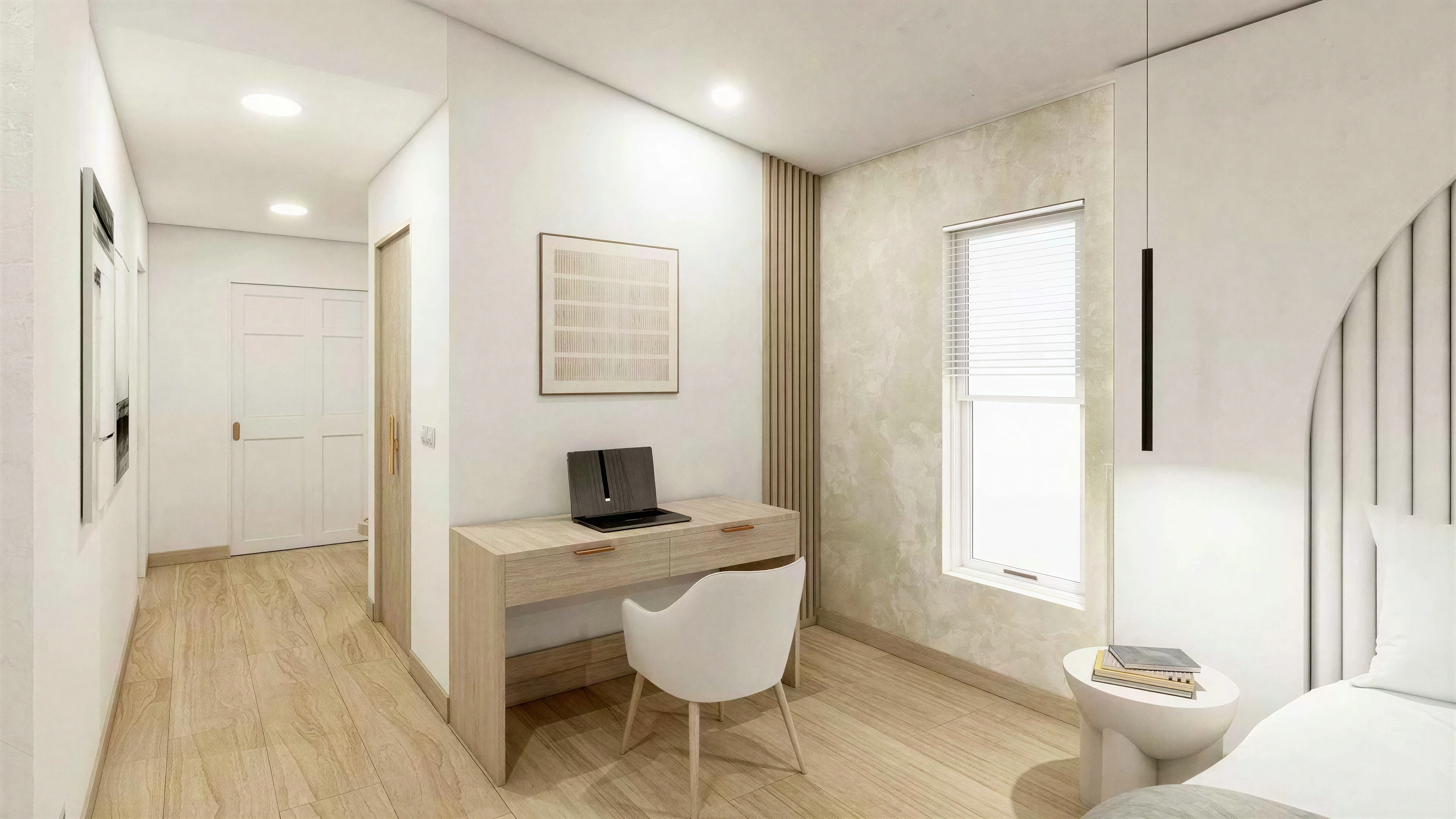 Bedroom desk and dressing area beside a narrow window.