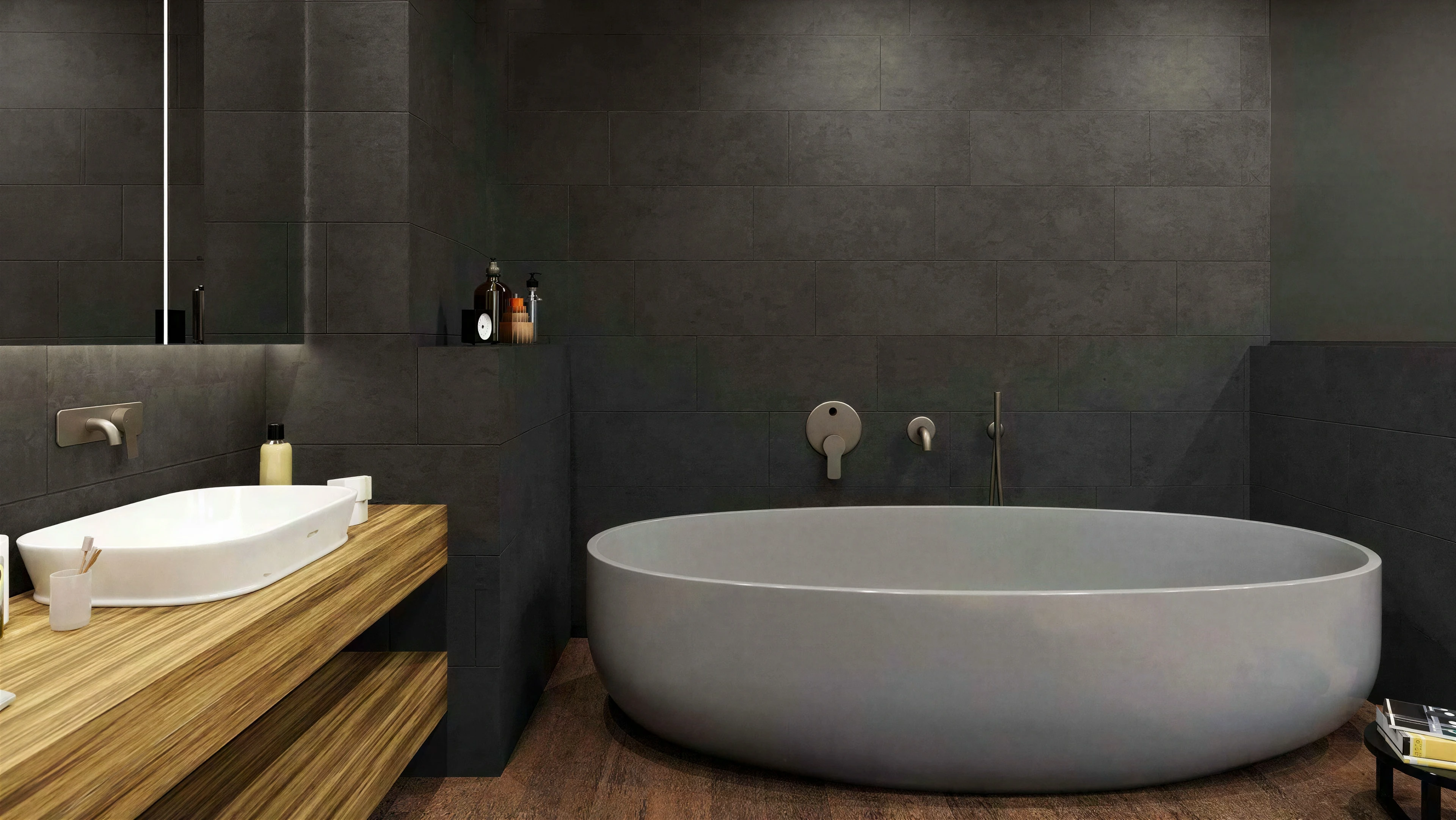Close view of the freestanding tub and vessel basin.