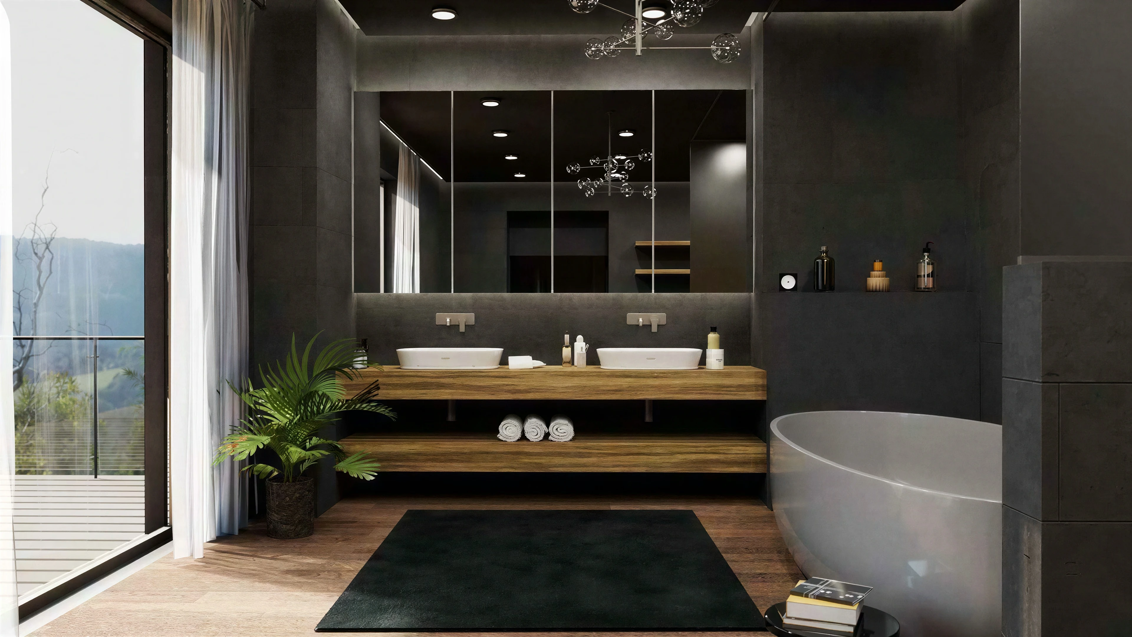 Bathroom vanity and tub beside full-height glazing.