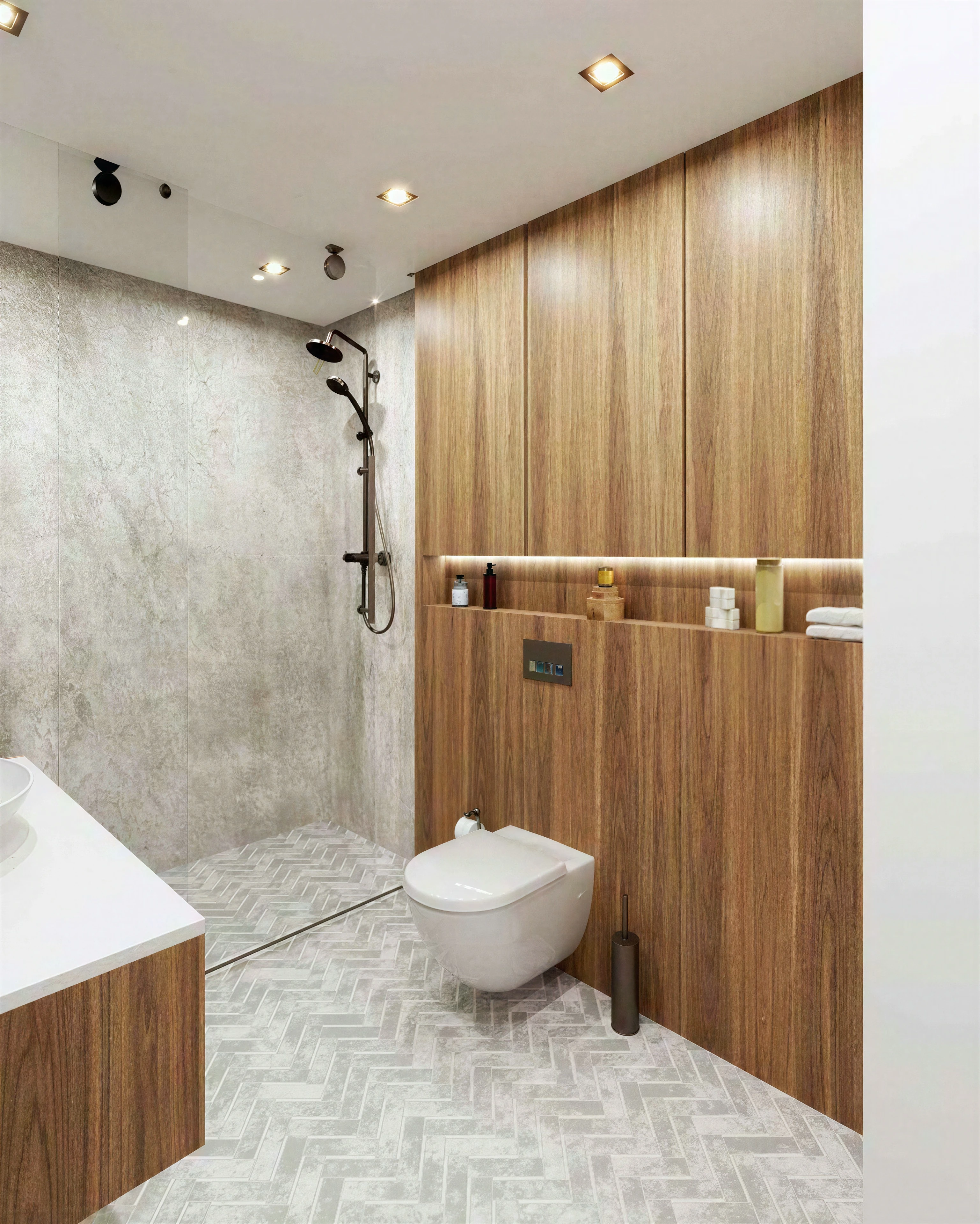 Shower and toilet area beside warm wood paneling.