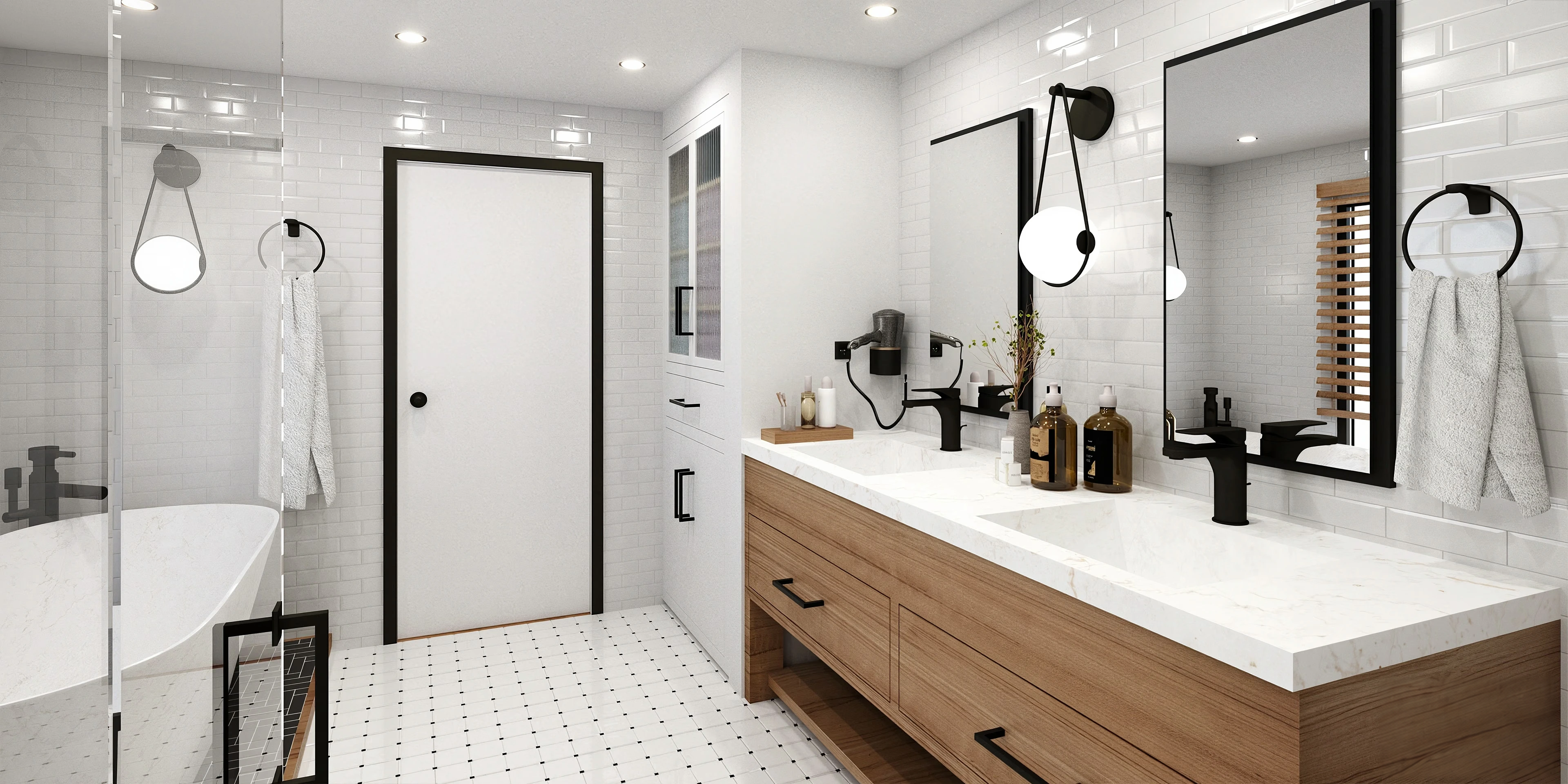 Vanity and glass shower viewed toward the bathroom door.