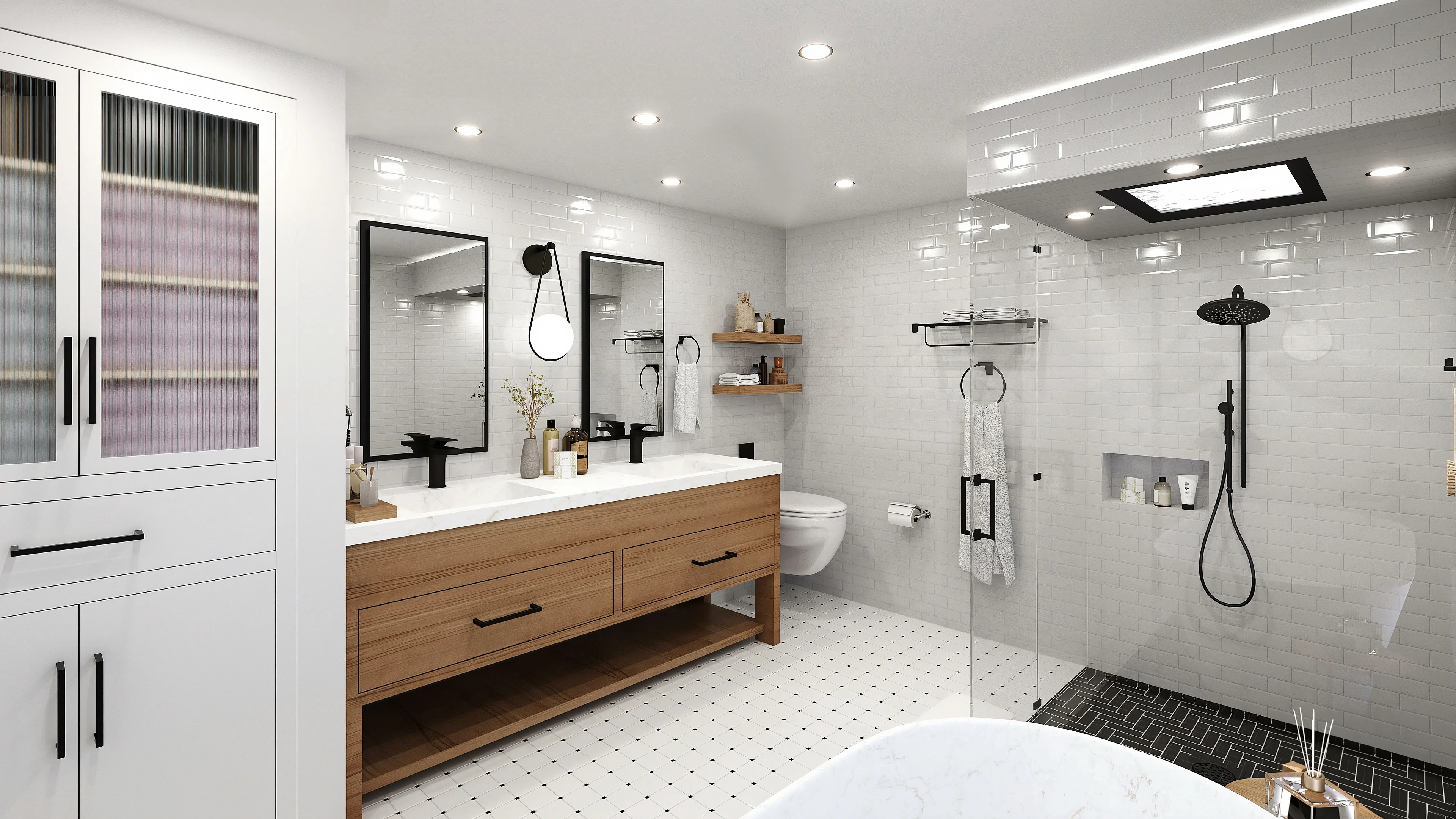 Bathroom with a wood vanity, white wall tile and black shower fittings.