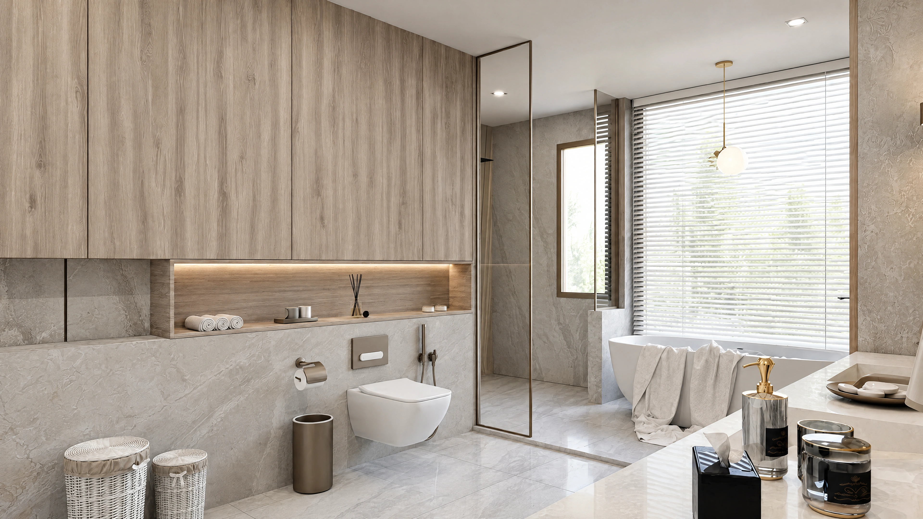 AI-enhanced project view — Bathroom vanity beneath wood-toned storage beside a large window.