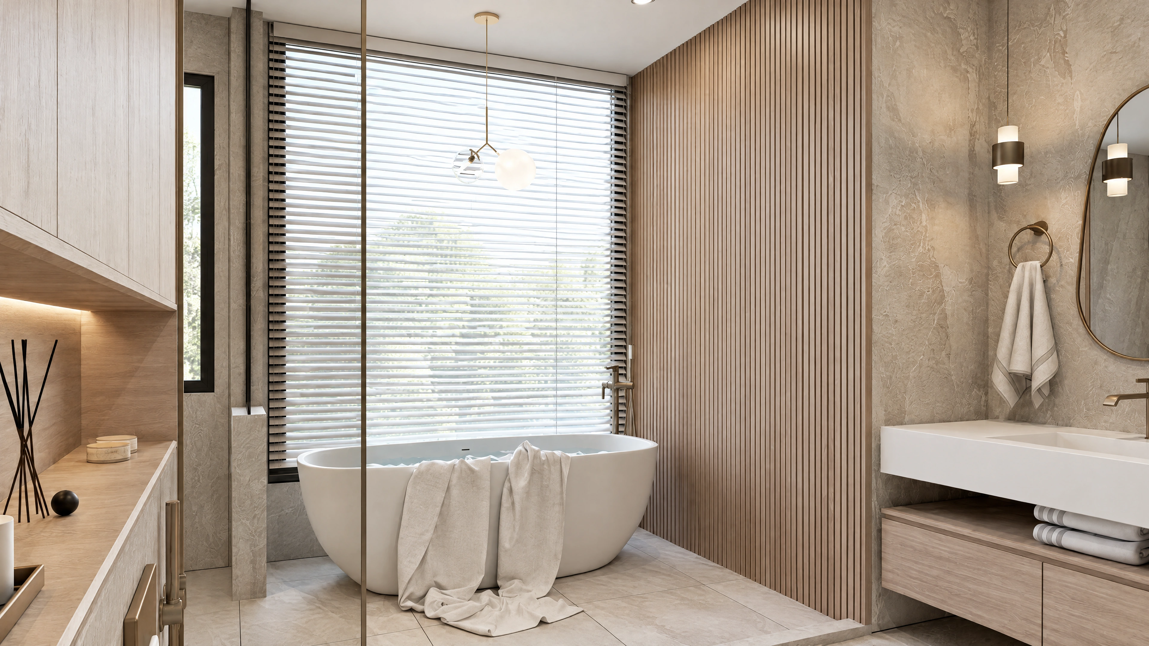 AI-enhanced project view — Freestanding tub beside a full-height glazed wall.