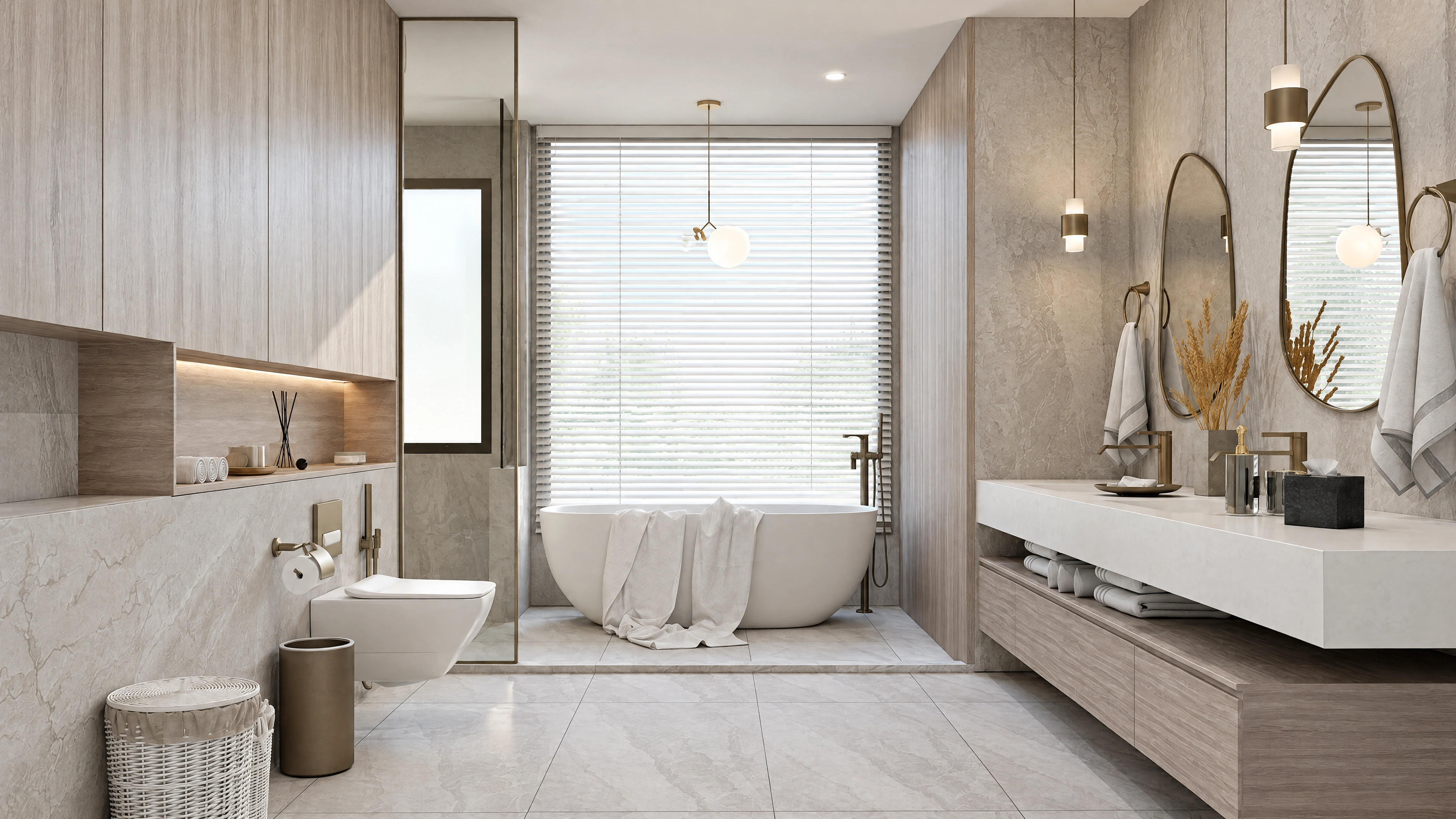 Bathroom view with a freestanding tub and long vanity.