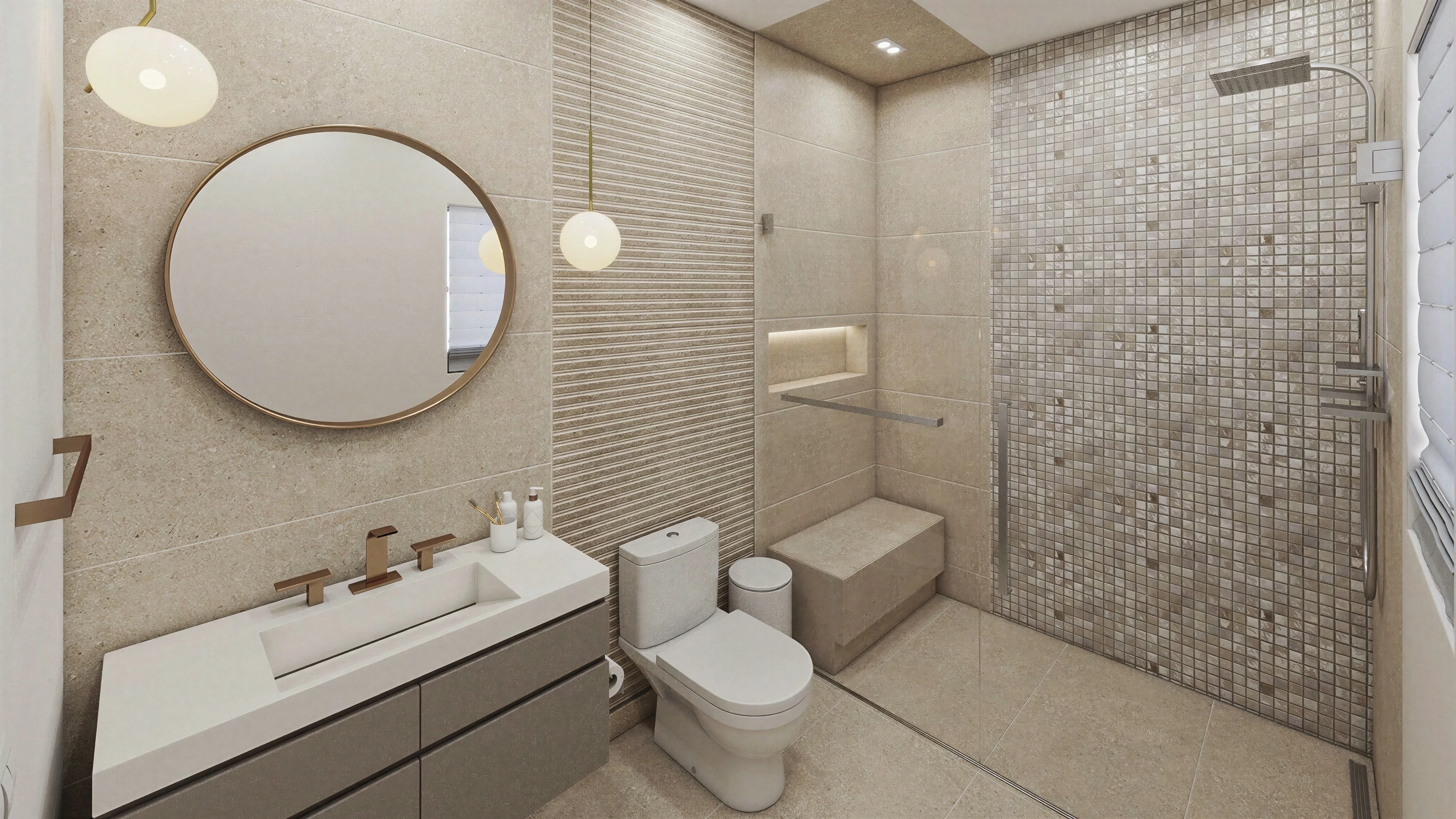 Compact bathroom with a shower, vanity and round mirror.