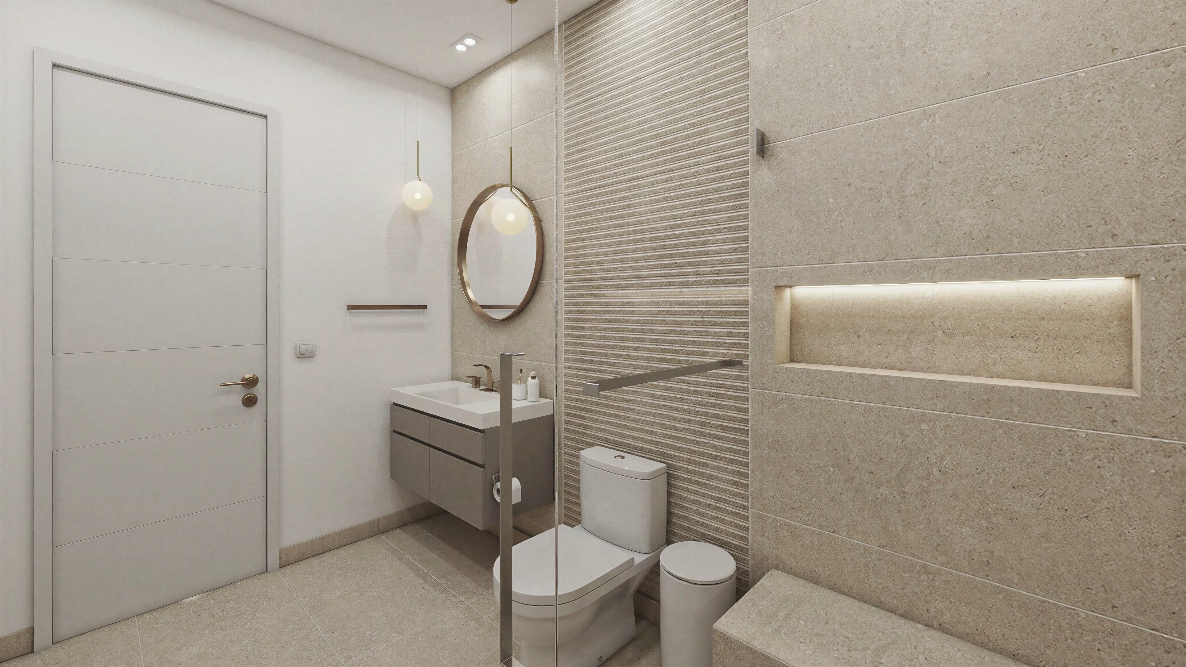 Bathroom vanity and toilet beside textured wall tile.