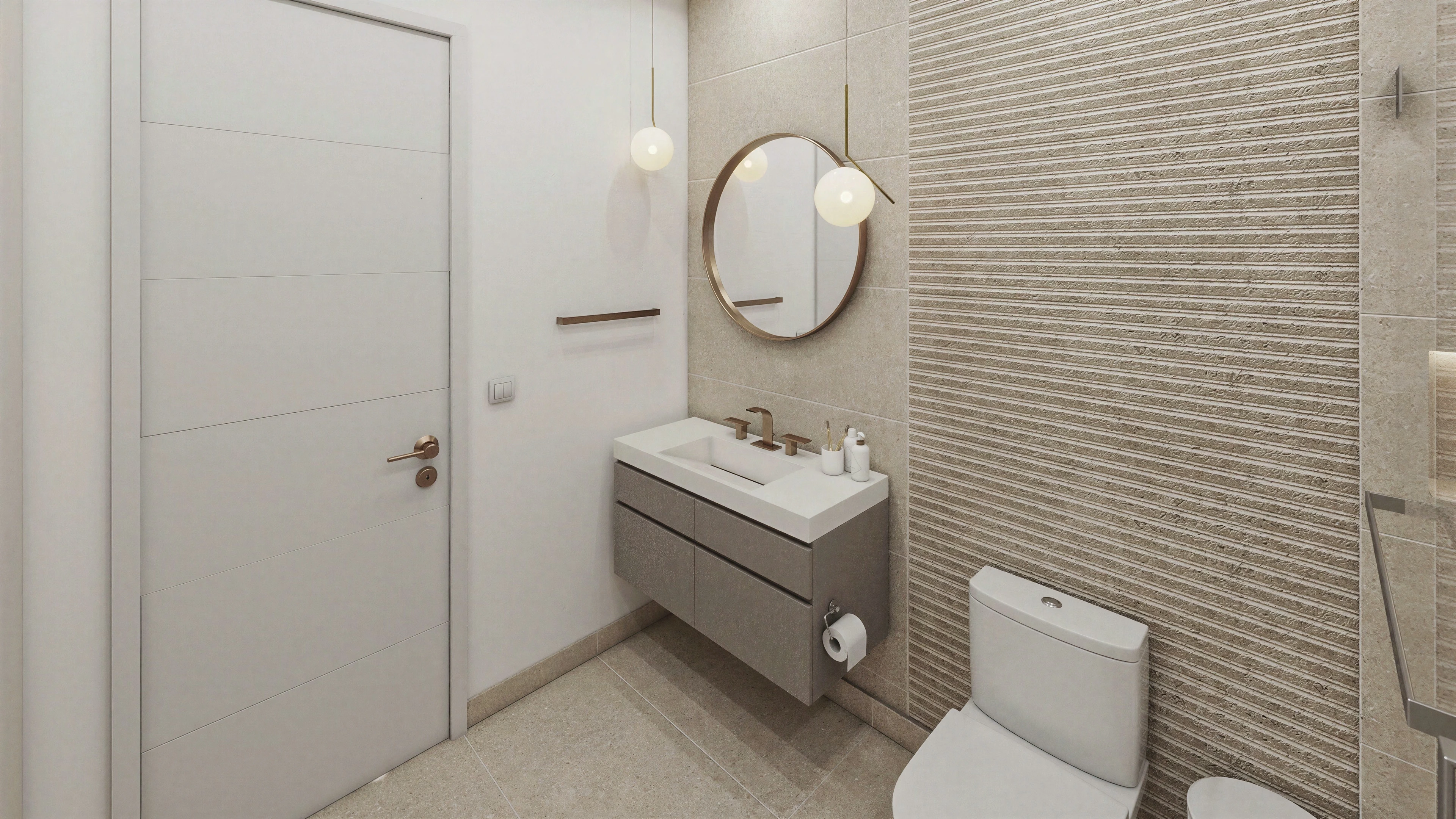 Close view of the vanity, round mirror and toilet.