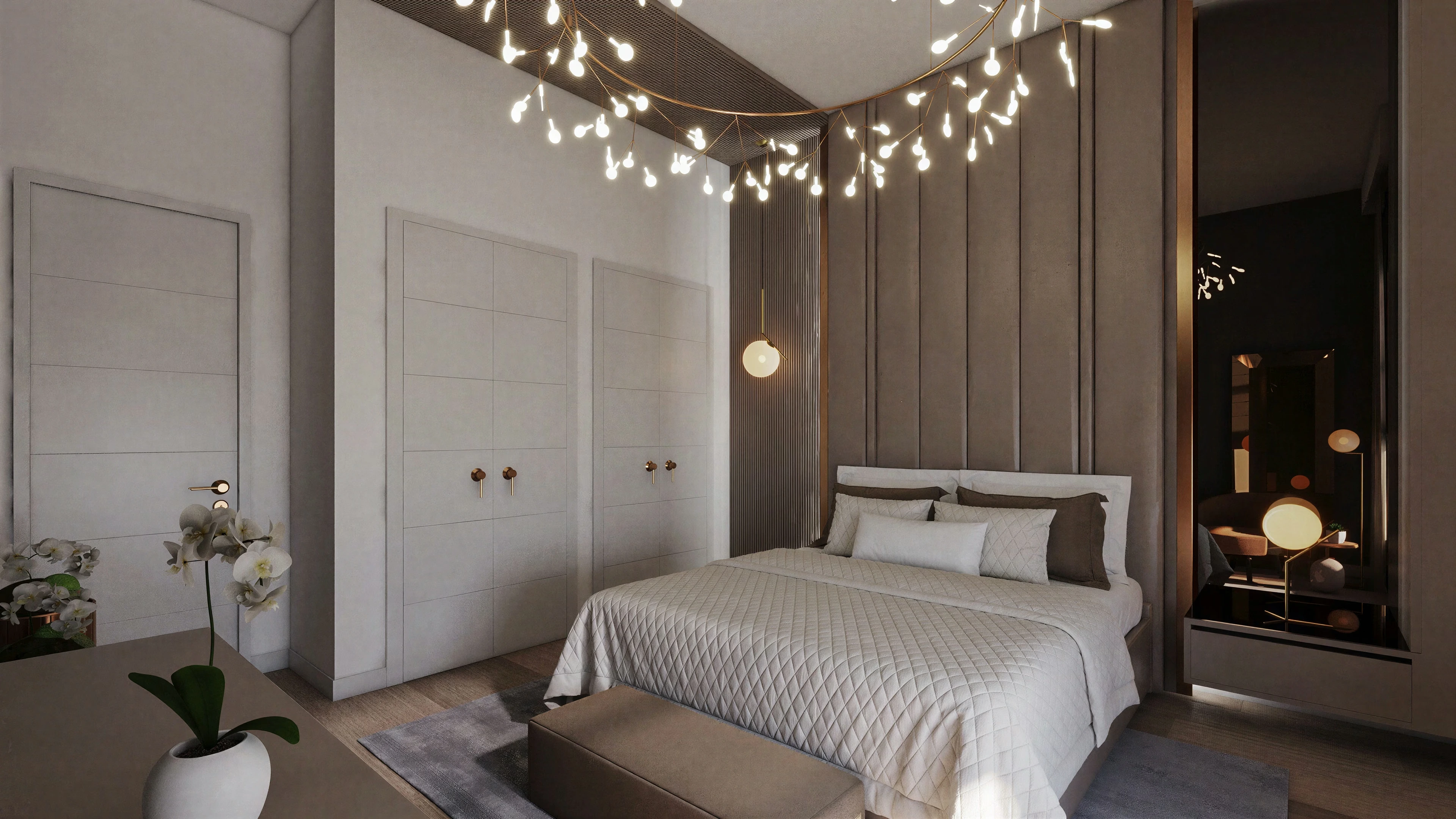Bedroom with a paneled headboard wall and decorative ceiling lights.