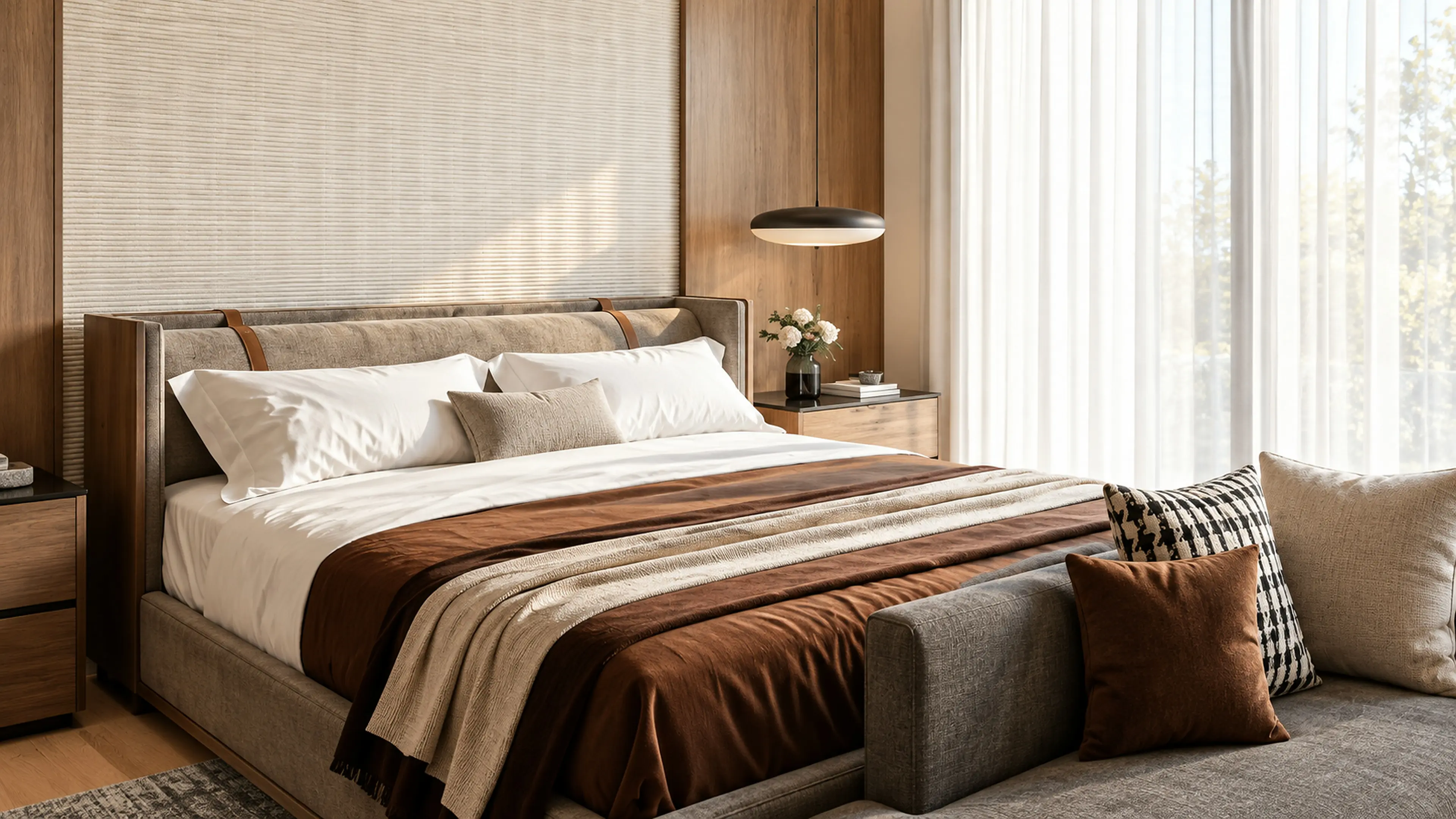 A composed bedroom view pairing the bed with full-height sheer curtains and warm oak millwork.