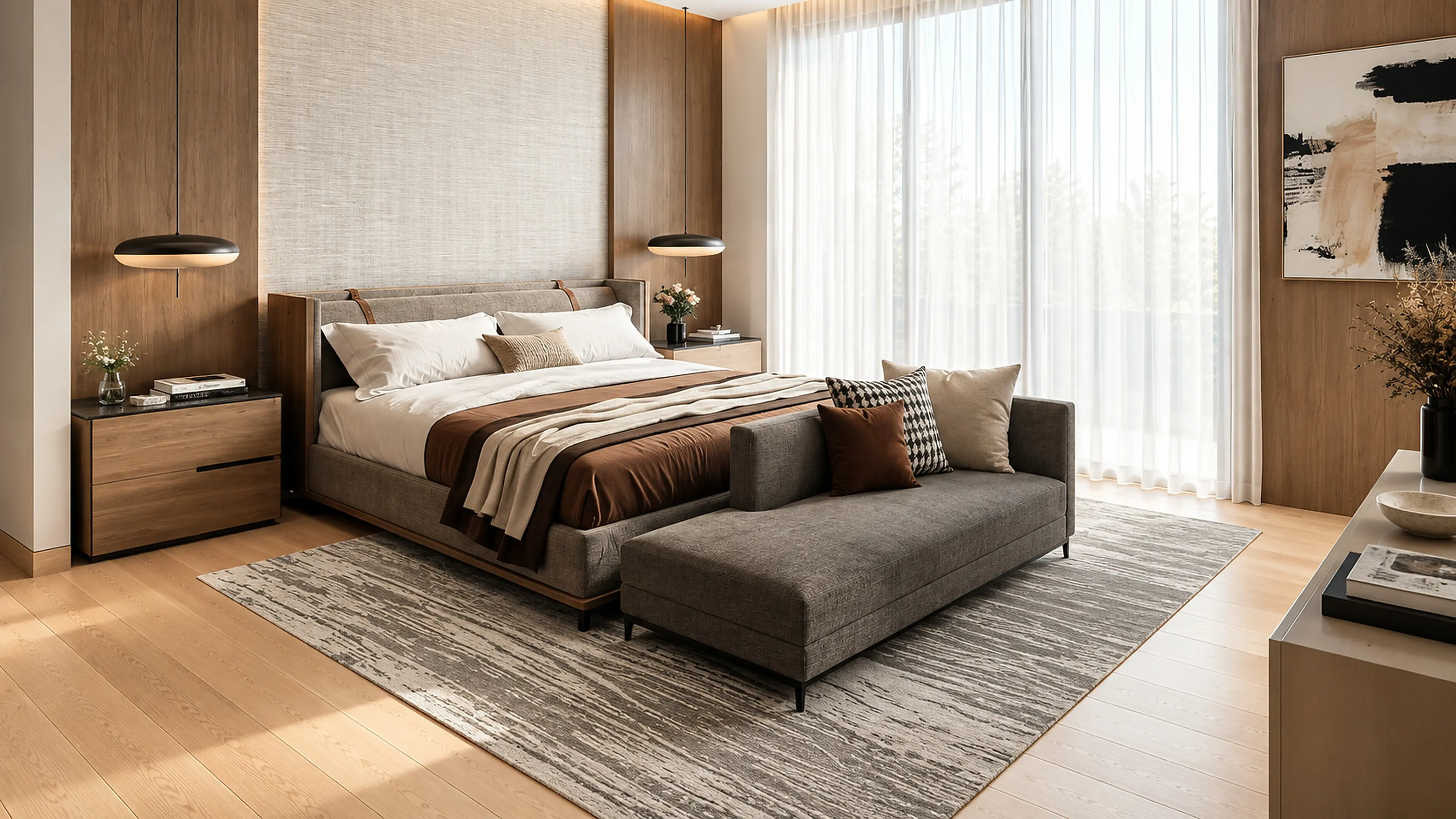 A full perspective of the bedroom showing the bed, bench, oak surround, and softly filtered daylight.