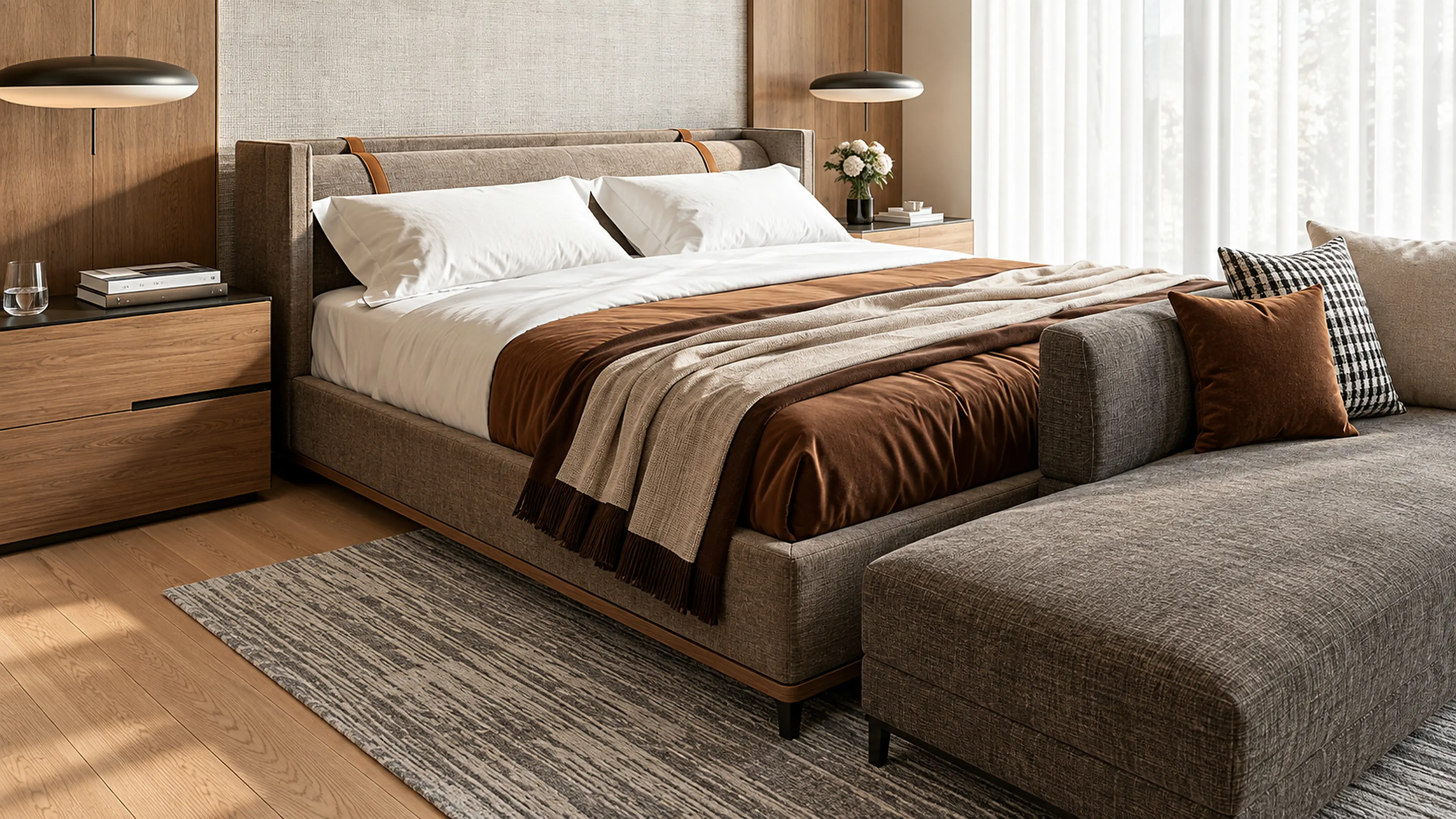 Layered neutral bedding and the upholstered bench shown in a refined material detail.