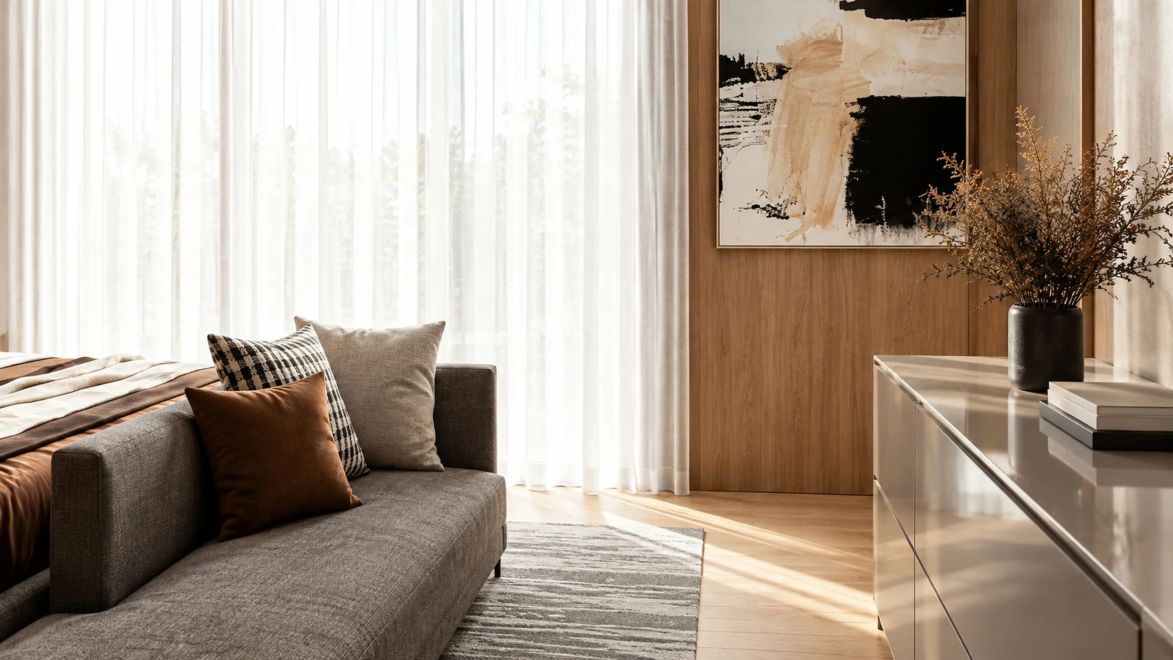 A warm oak console, framed artwork, and window treatment completing the bedroom composition.