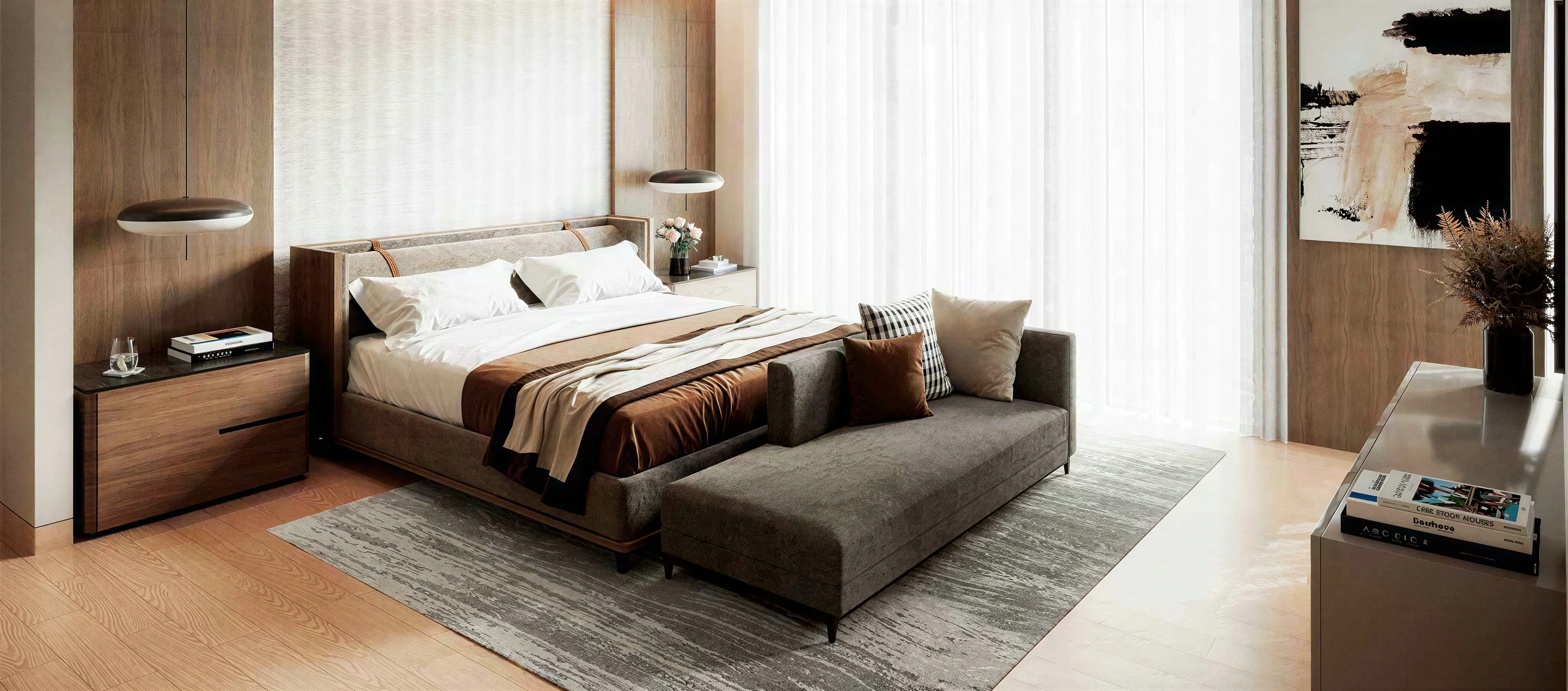 Bedroom with an upholstered bench, wood furnishings and tall curtains.