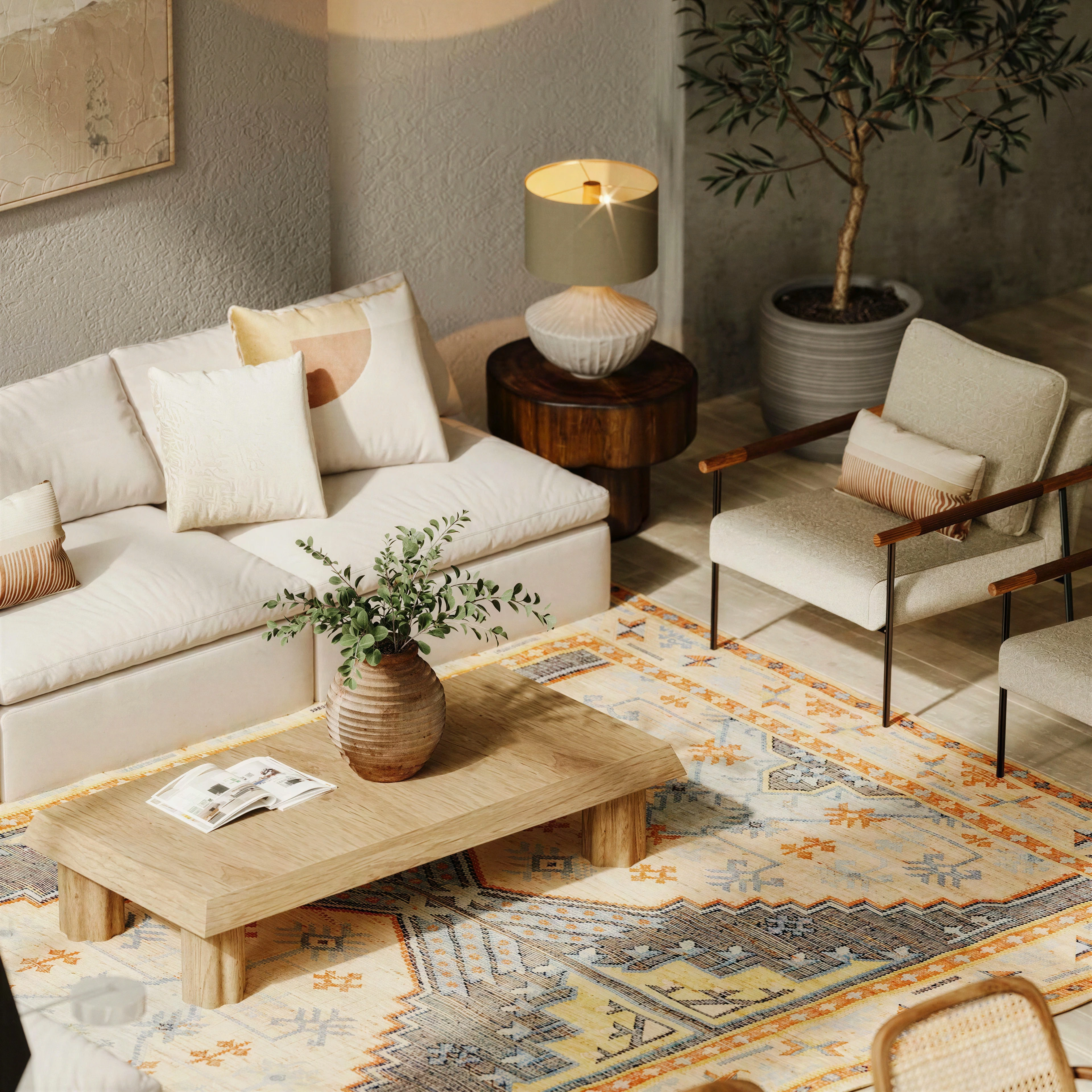 Close view of the coffee table, sofa and accent chair.
