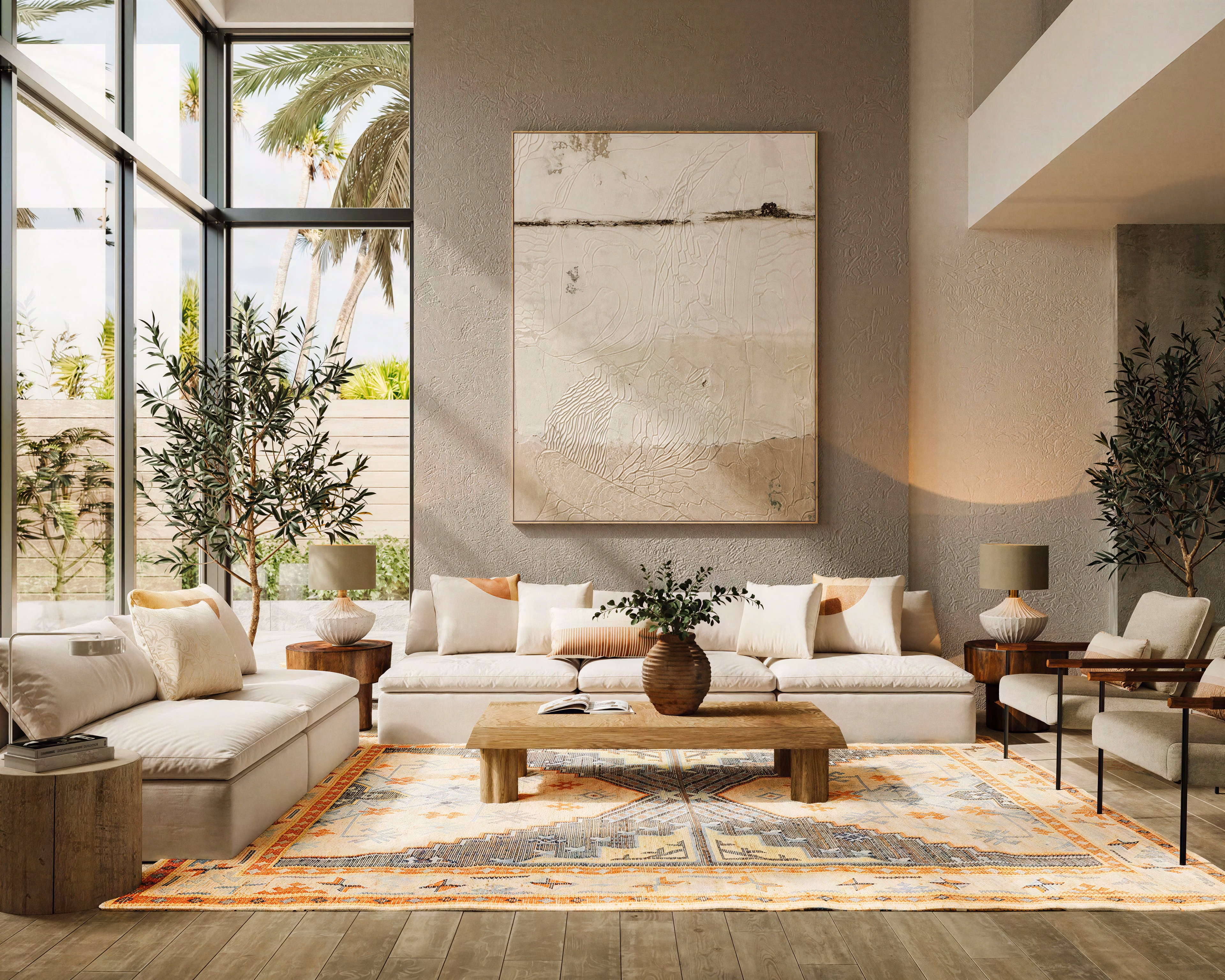 Wellington living room with tall windows, cream sofas, and a natural wood coffee table