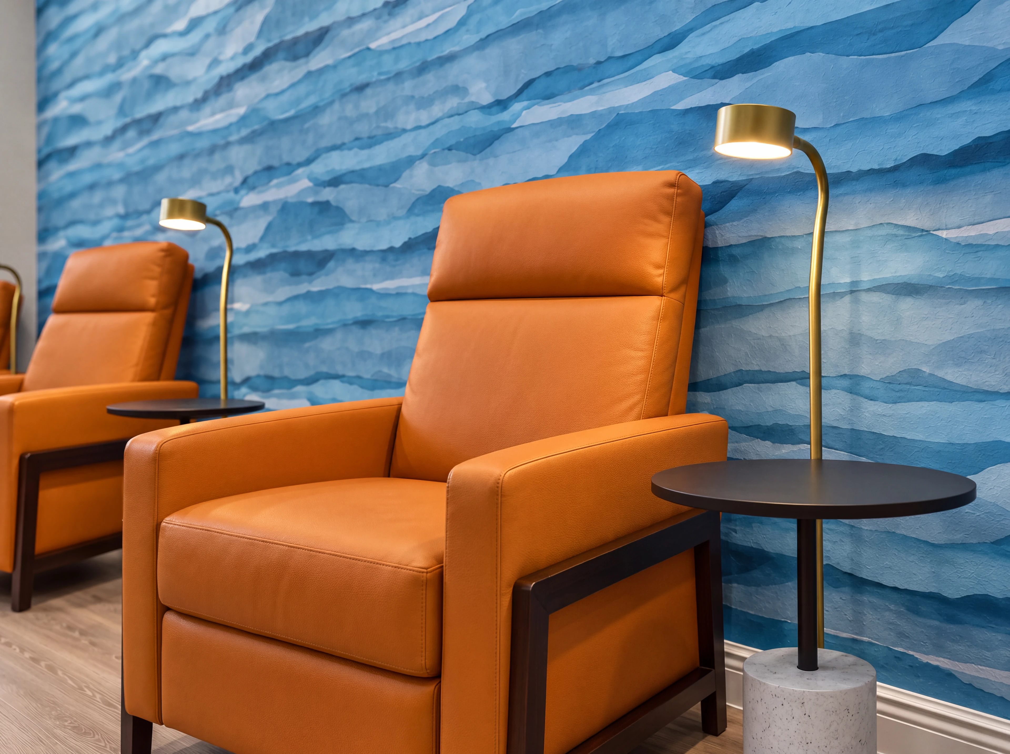 Supplemental Bishop Health project study of cognac lounge seating, brass reading lights and the layered blue feature wall.