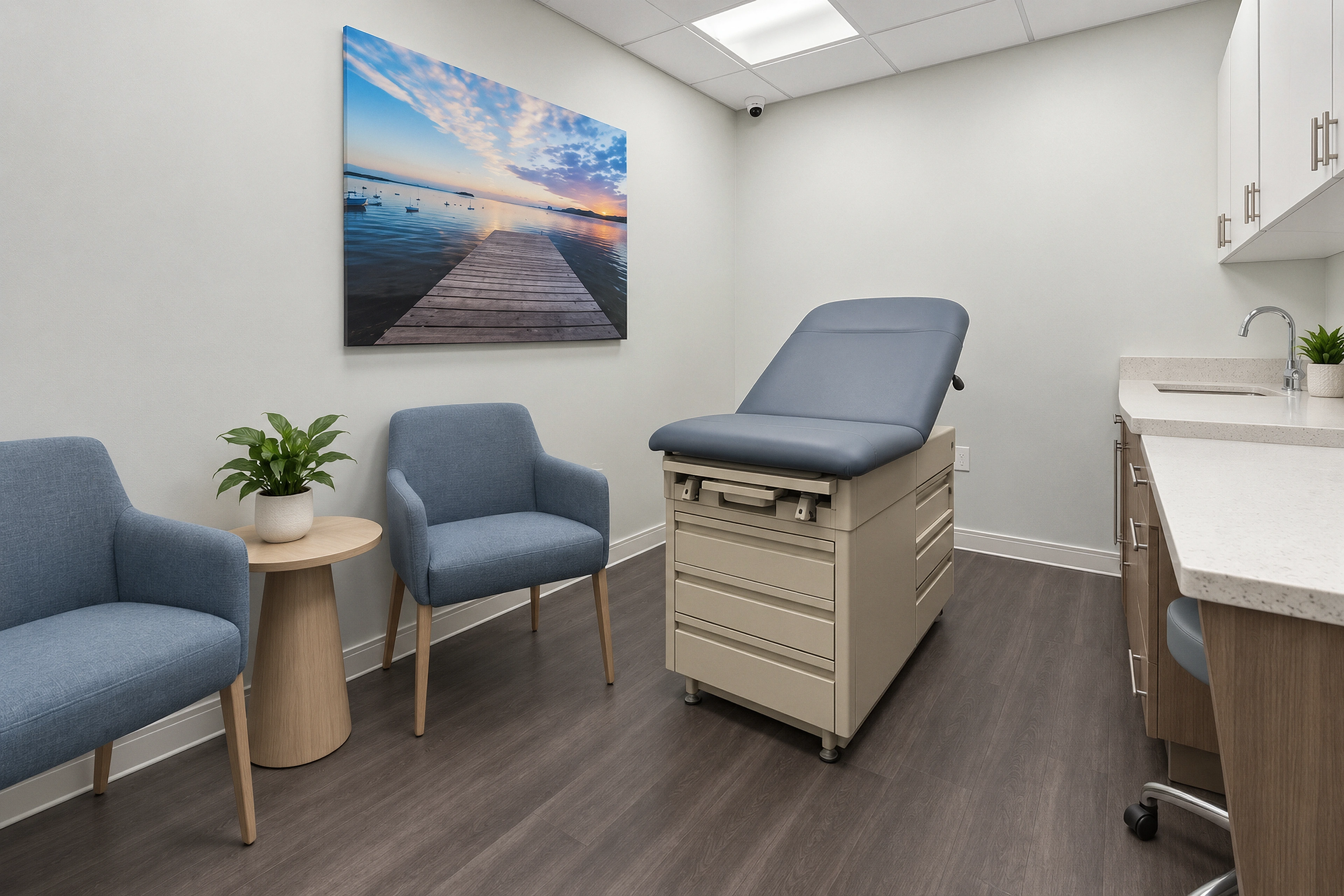 The exam room with blue guest seating, clinical cabinetry and coordinated finishes.