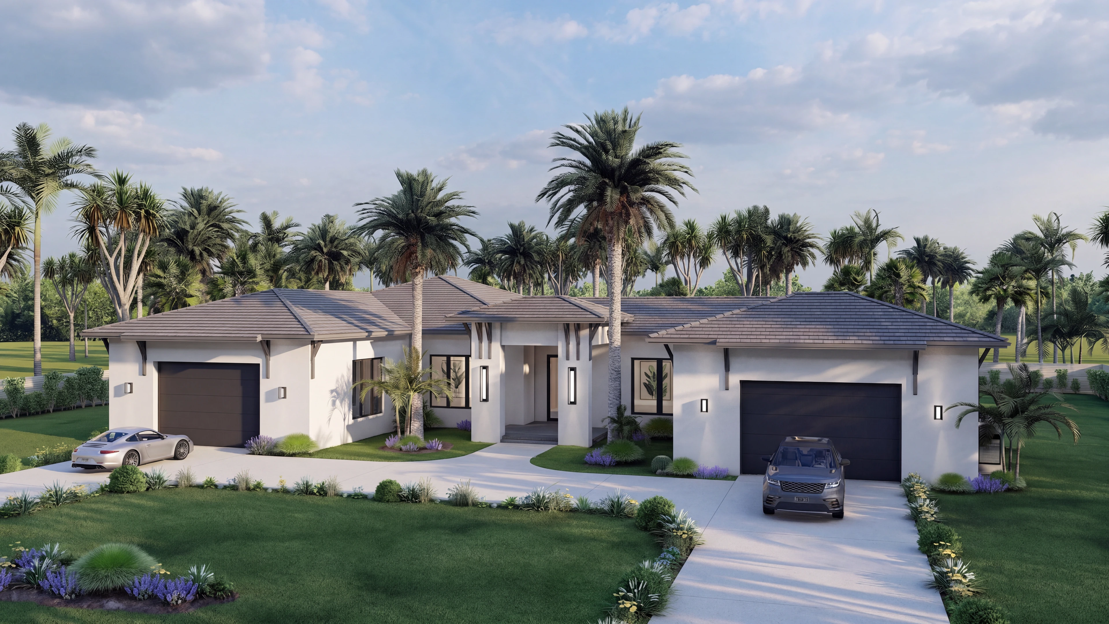 Elevated front view showing the driveway and landscaped beds.