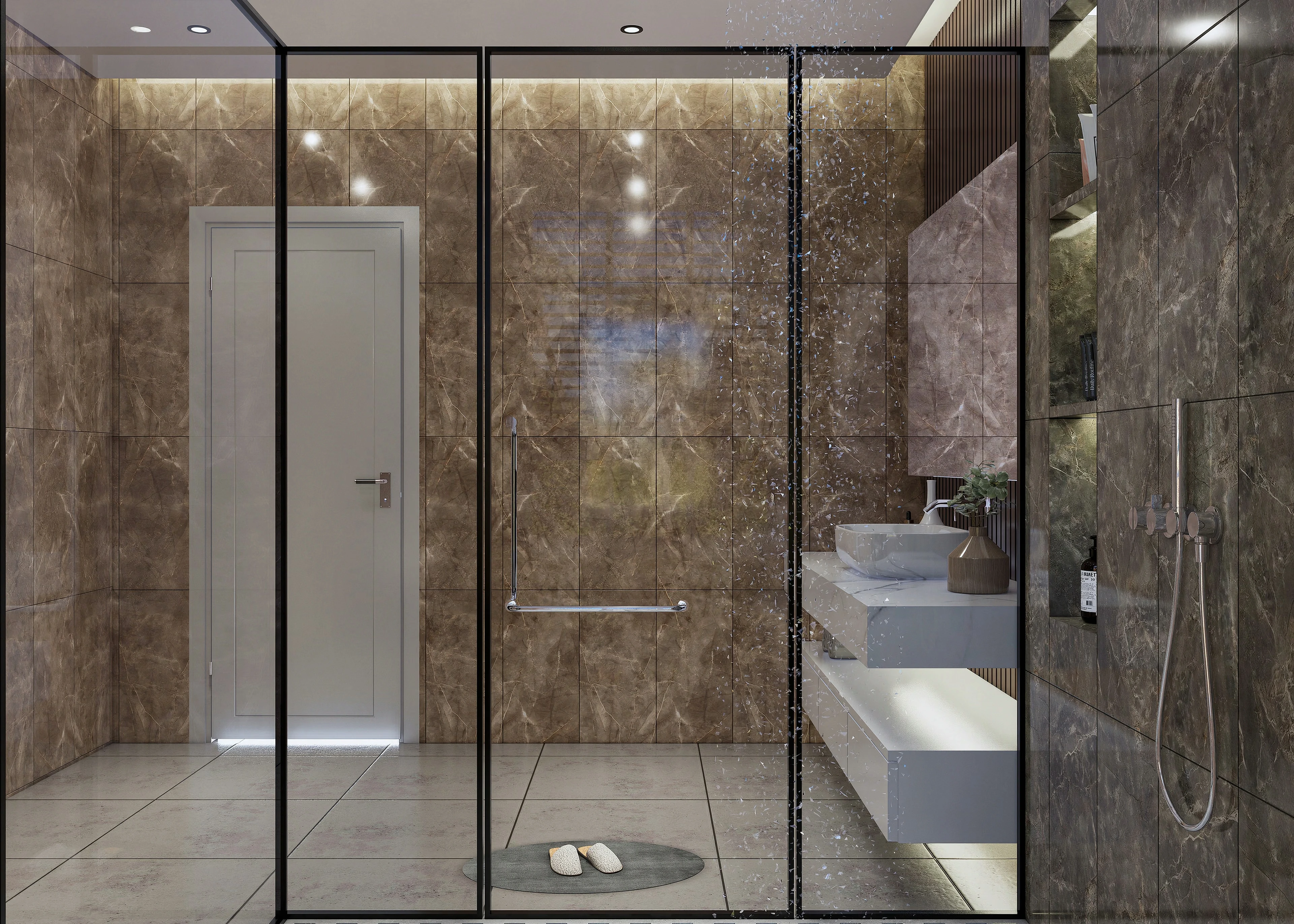Glass shower enclosure viewed toward the bathroom door.