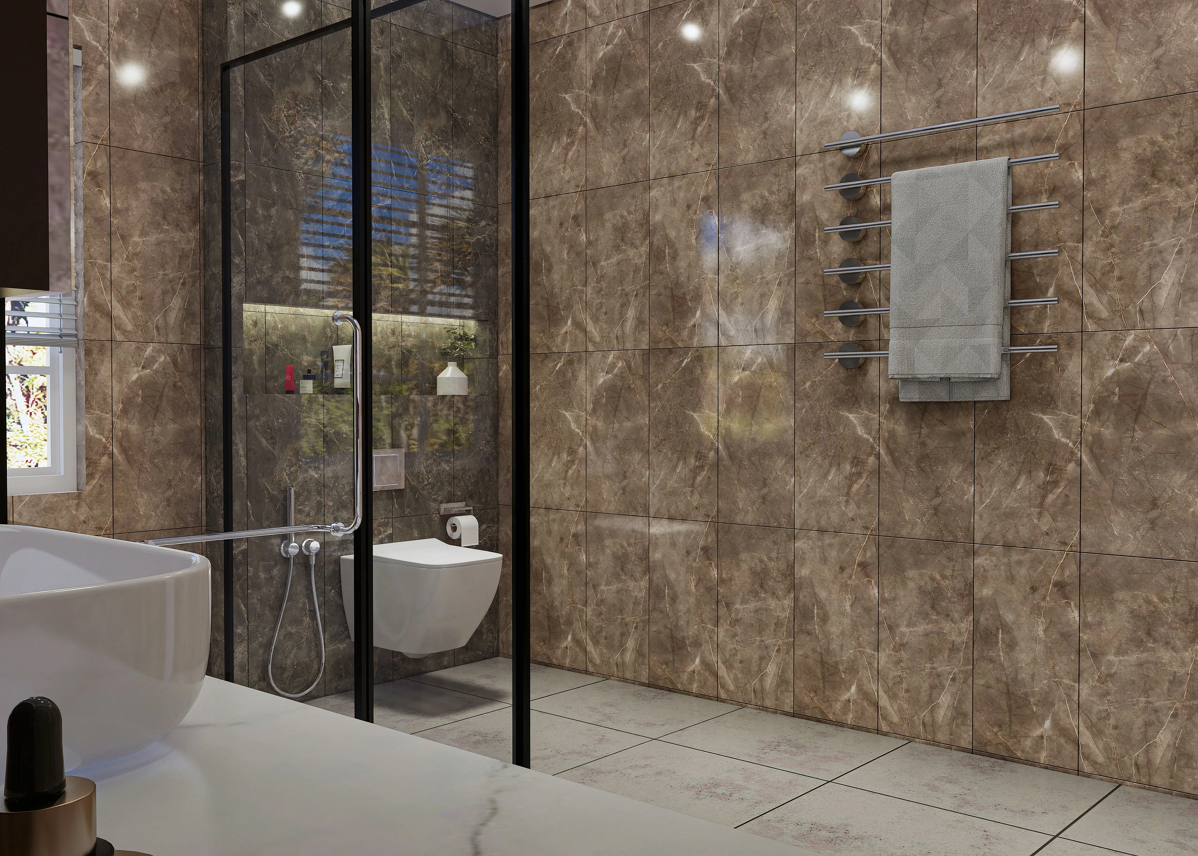 Bathroom basin and shower beside a tiled feature wall.
