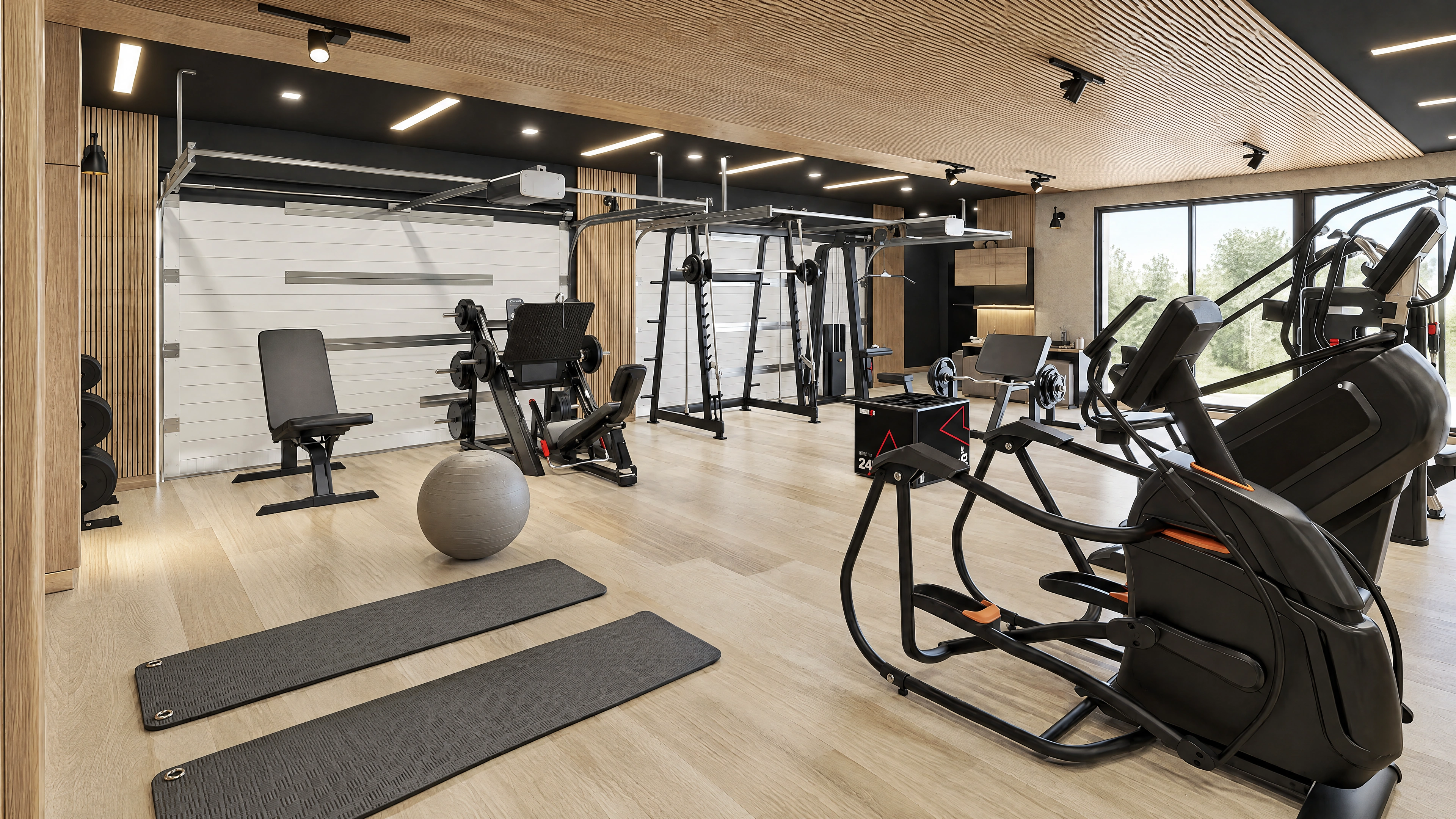 Workout area with a treadmill and open exercise space.