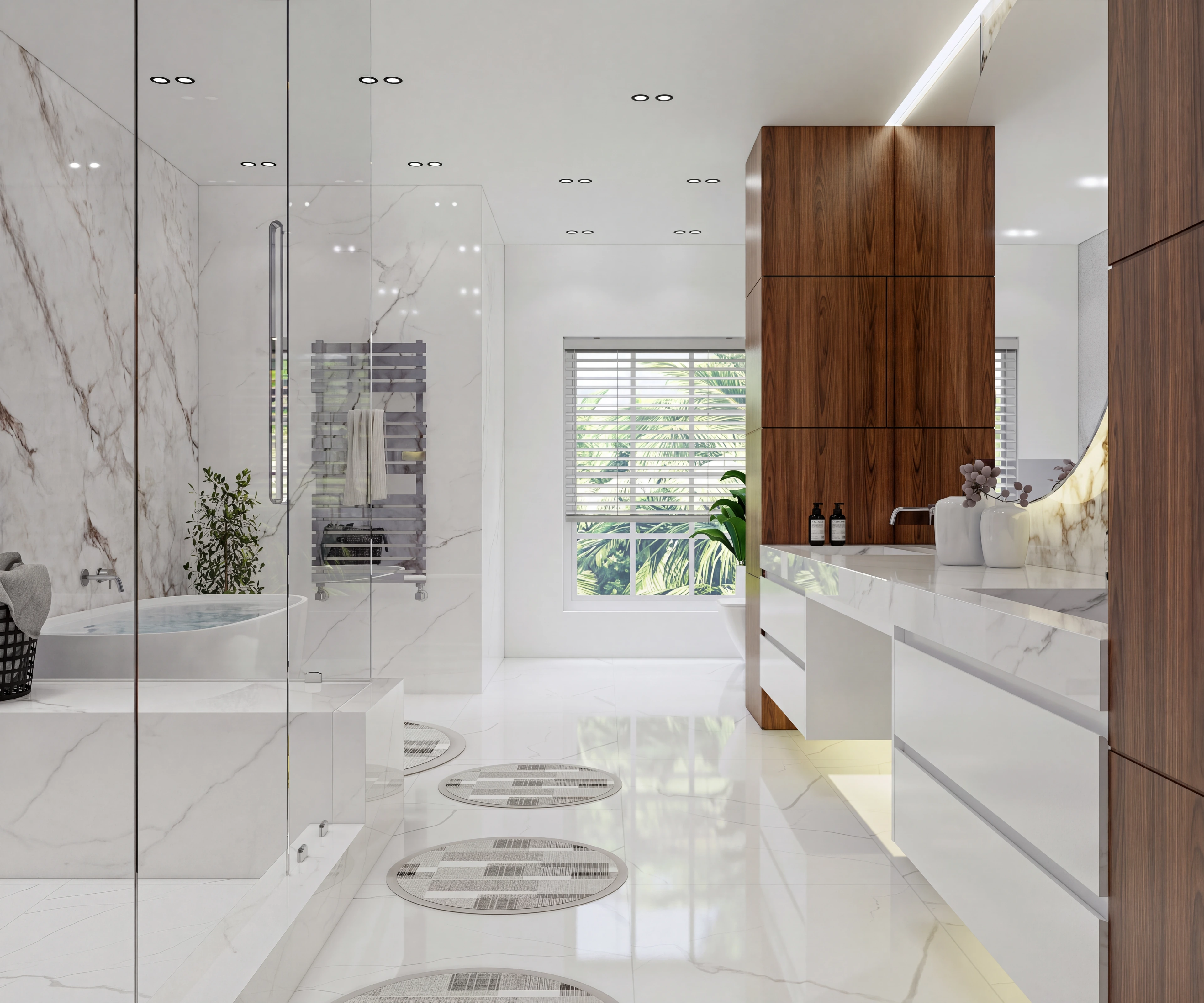Bathroom with a glass shower and stone-patterned wall panels.
