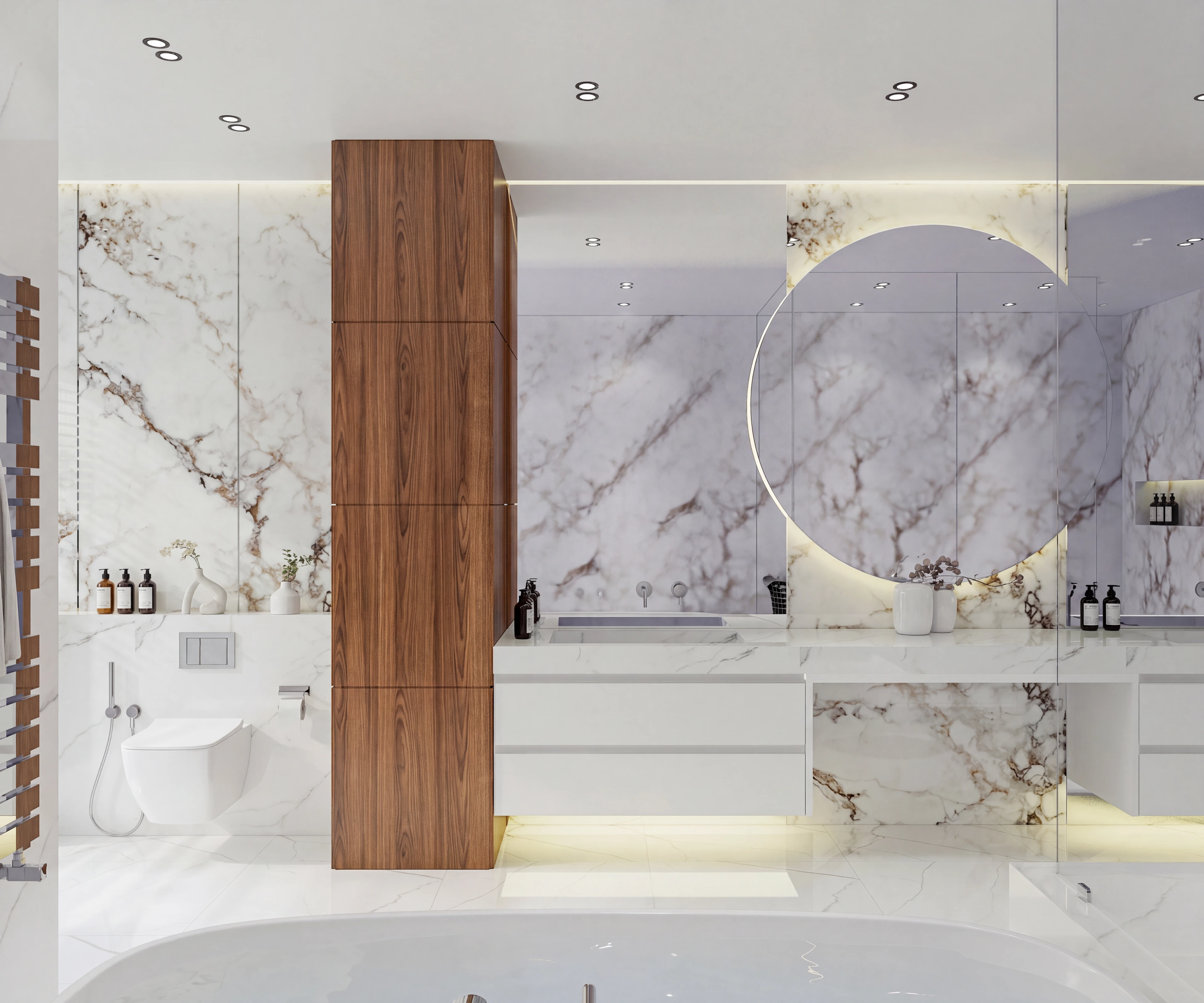 Double vanity with tall wood storage and illuminated mirrors.