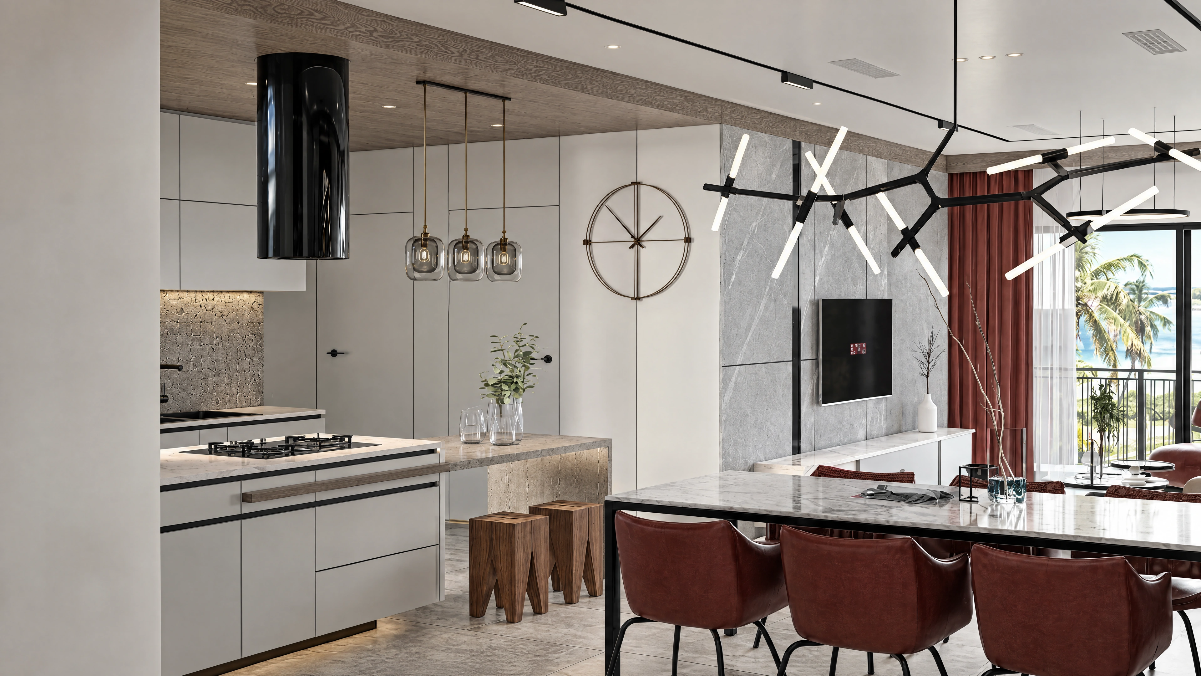 AI-enhanced project view — Kitchen and dining area connected to a bright window.