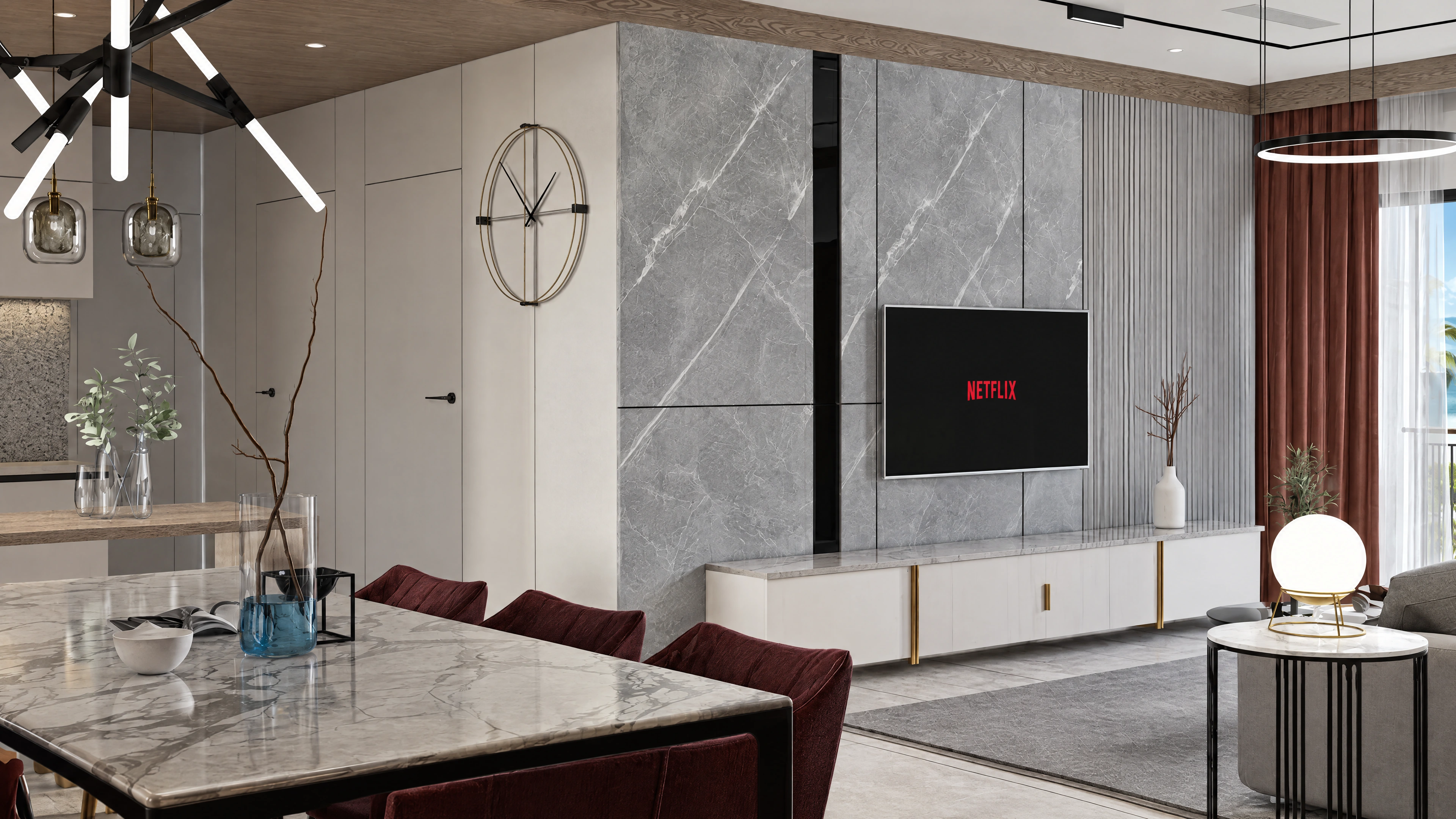 AI-enhanced project view — Television wall with large stone panels beside the dining area.