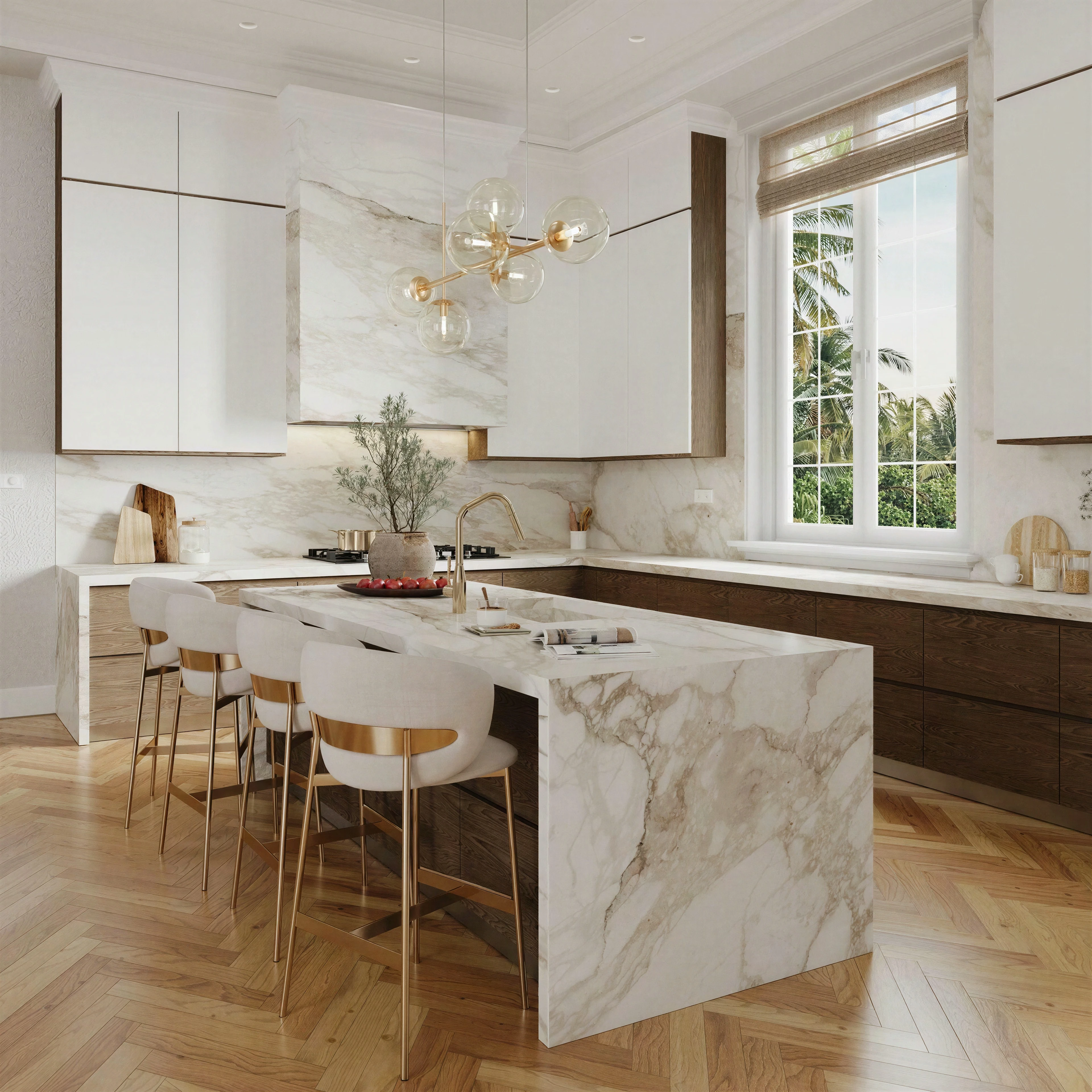 Kitchen island and seating viewed from the side.