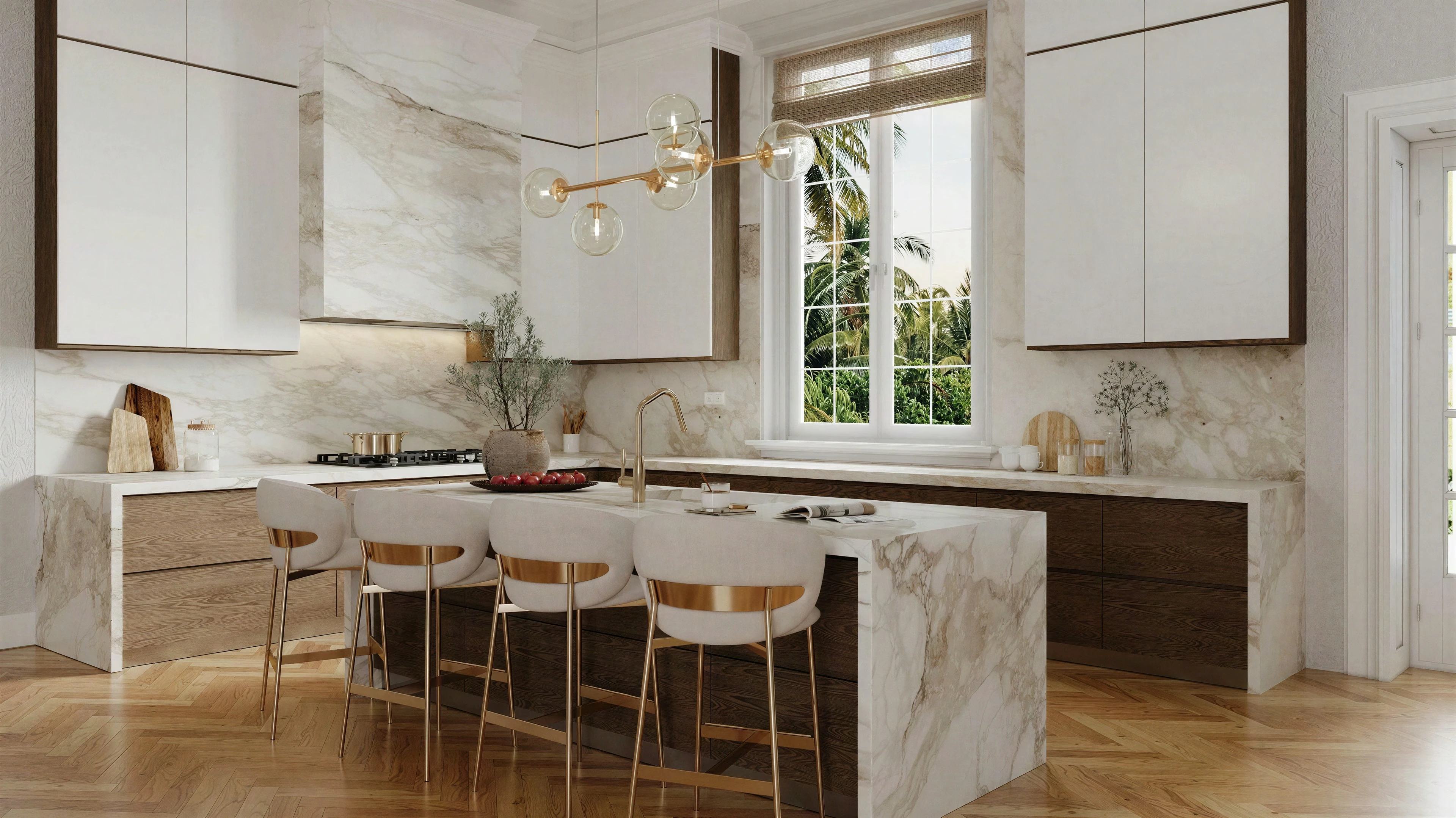 Kitchen with a stone island and a row of wood-backed stools.