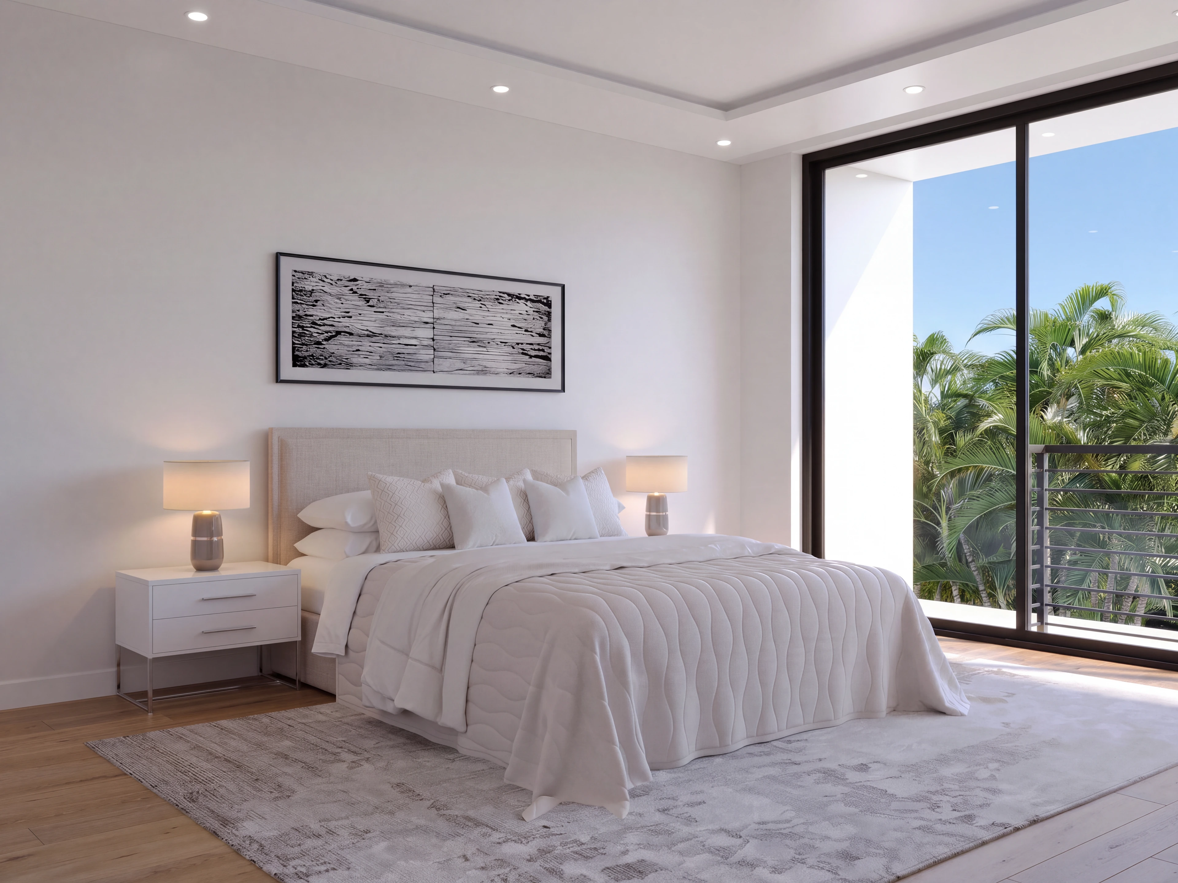 Bedroom with bedside lighting and full-height windows.