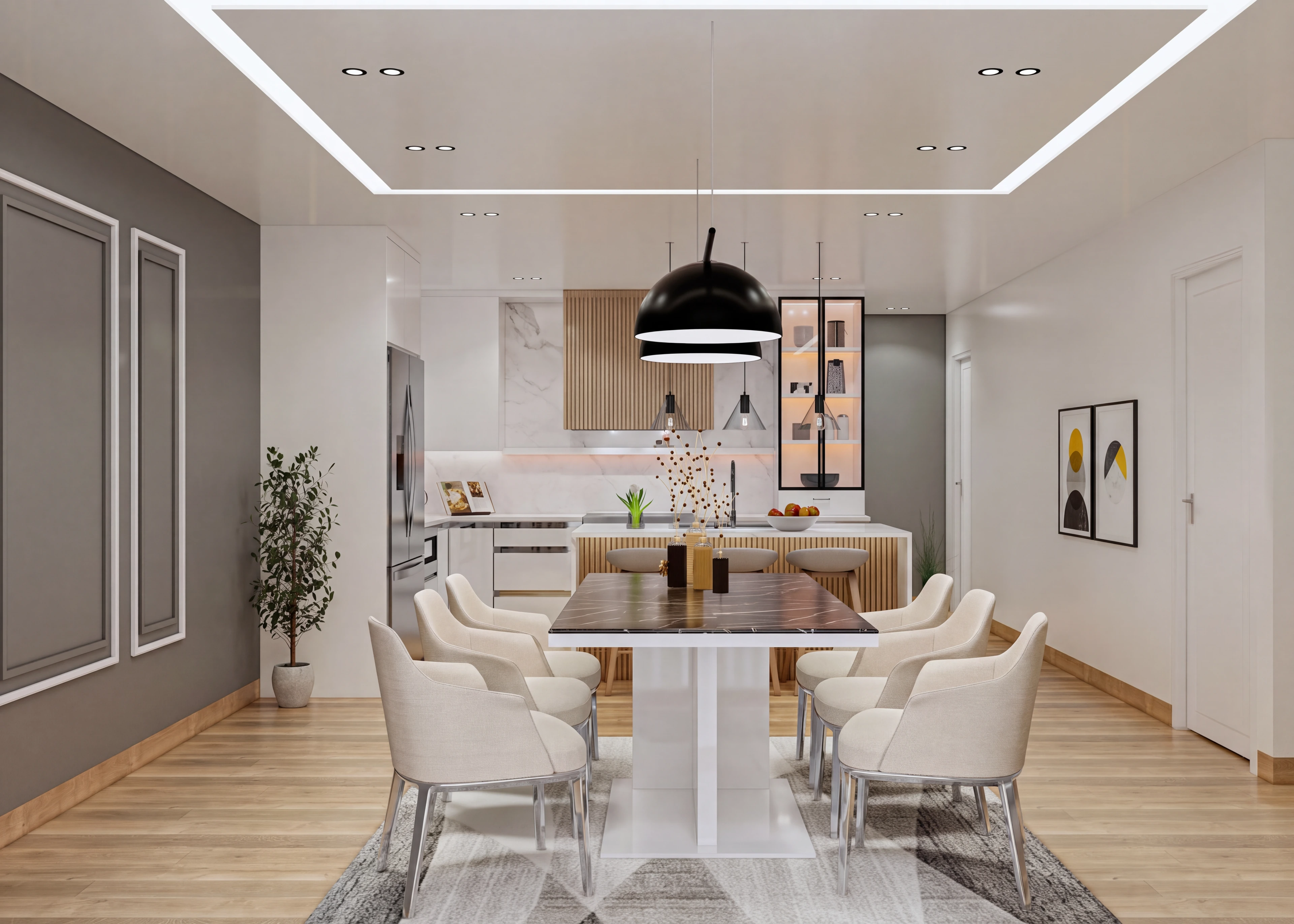 Dining area with white chairs and black pendant lights.