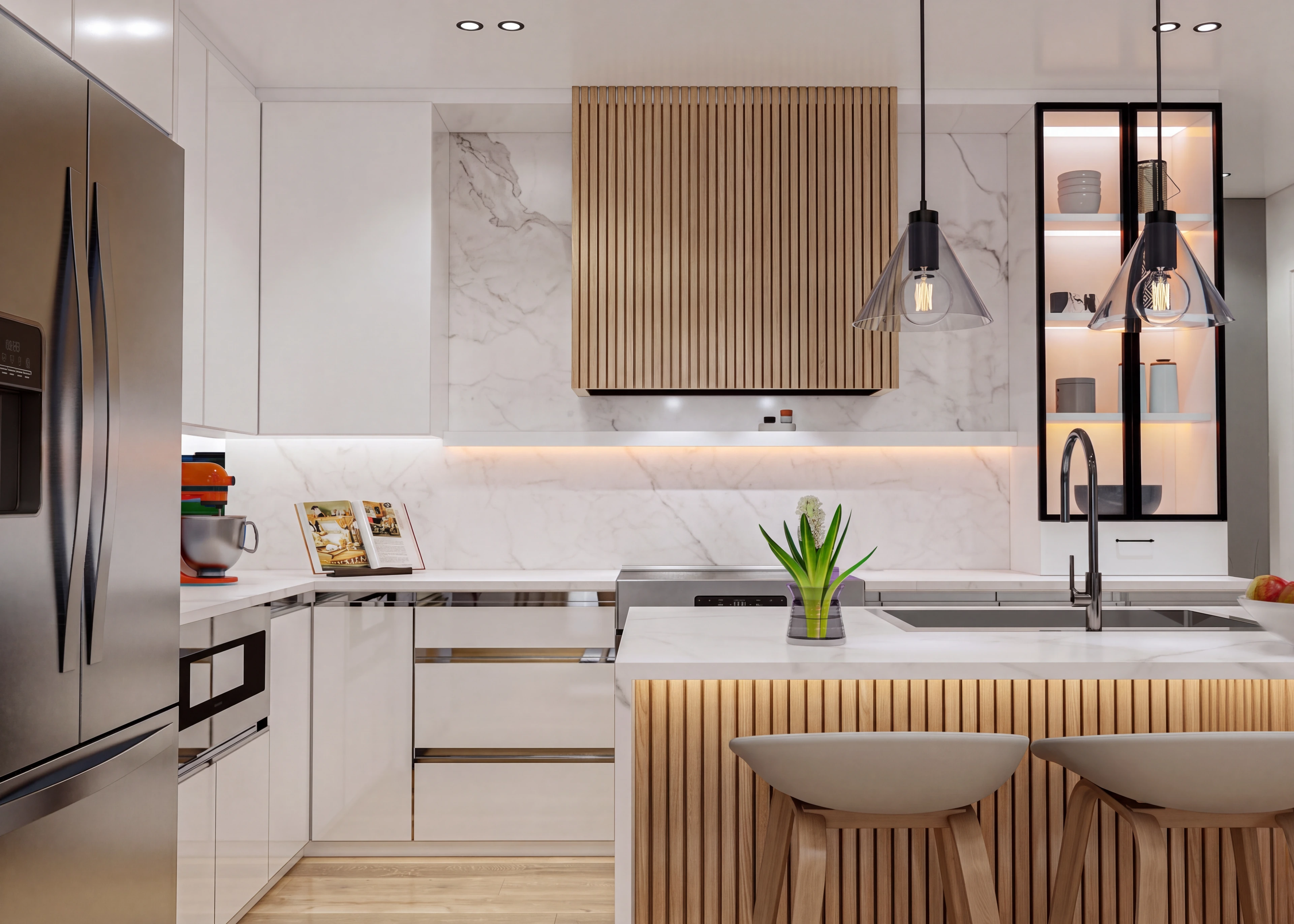 Kitchen cabinetry with a wood accent panel and slim pendant lights.