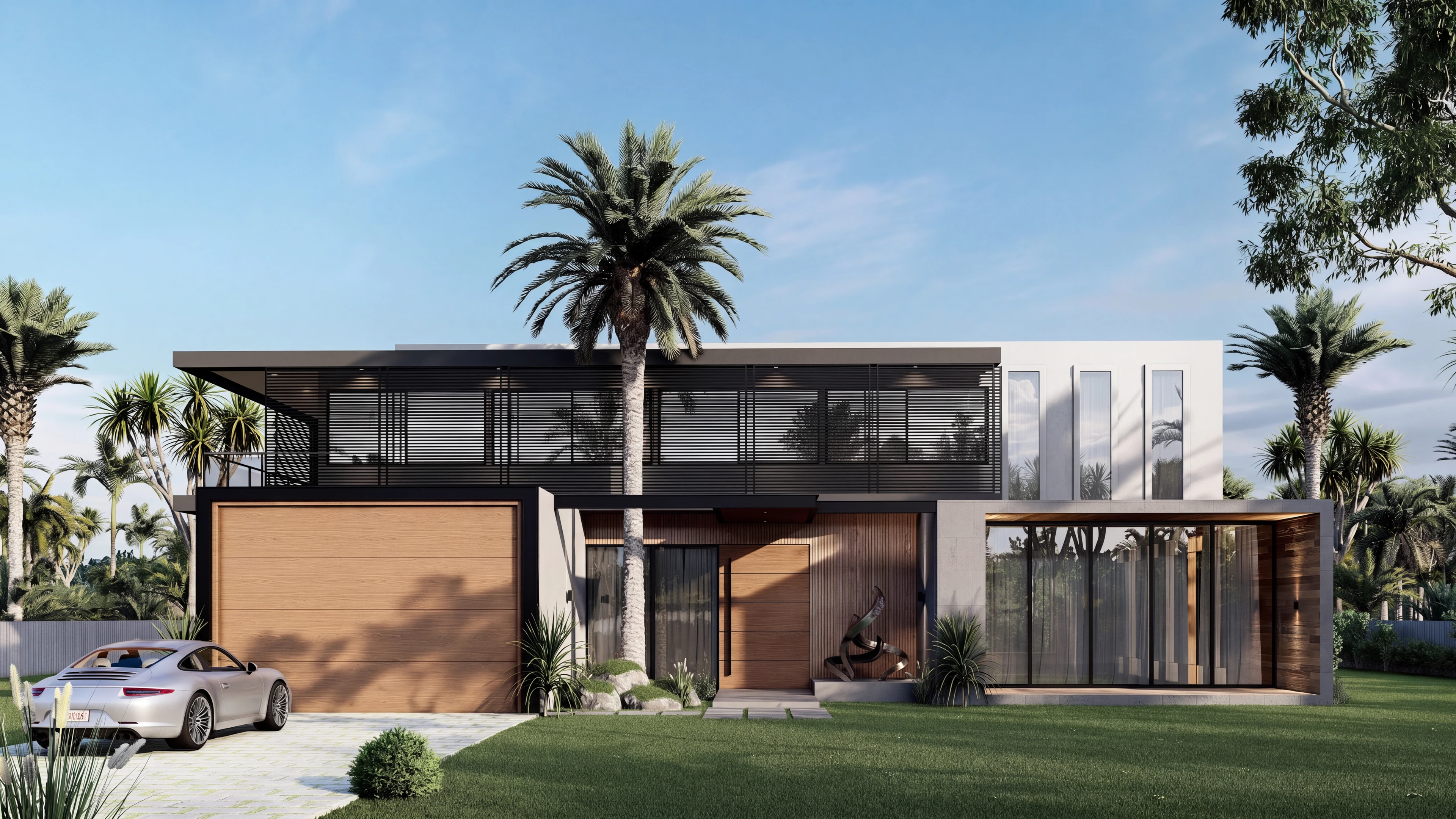 Front exterior of a modern home with wood-toned garage doors.