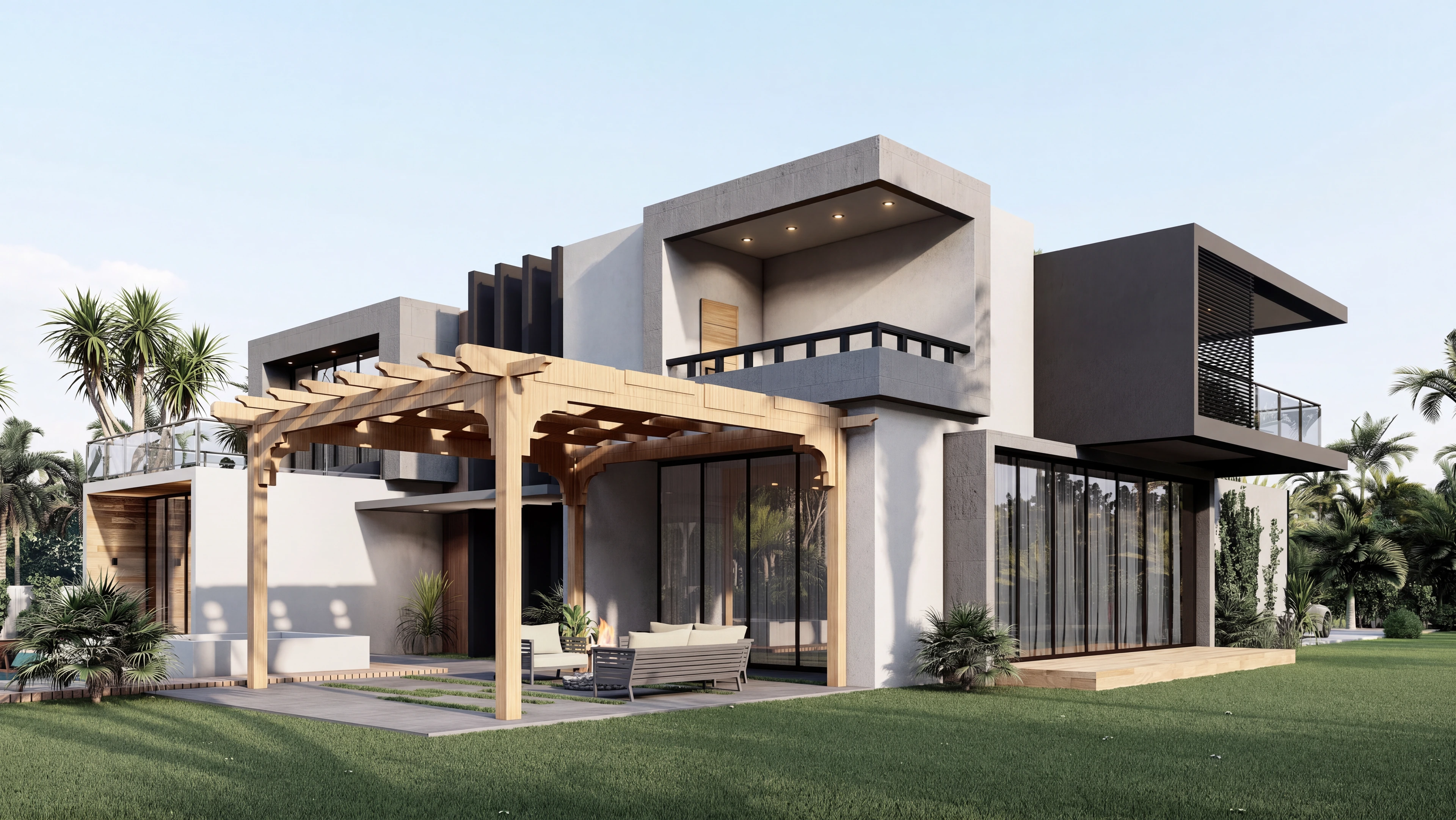 Rear outdoor terrace beneath an open pergola.
